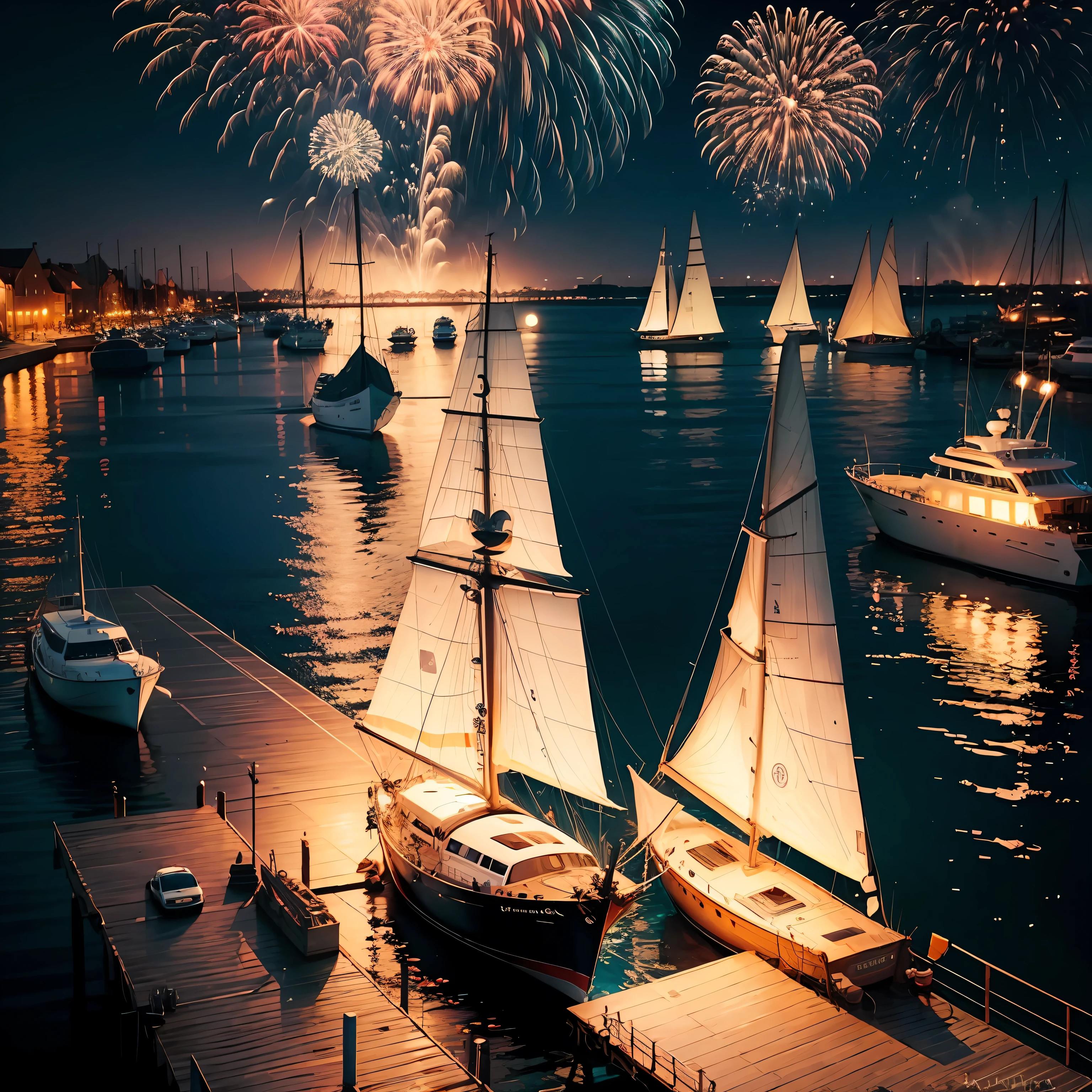 (Picture details:The sailboat crosses the port, natta, Fireworks bloom --auto