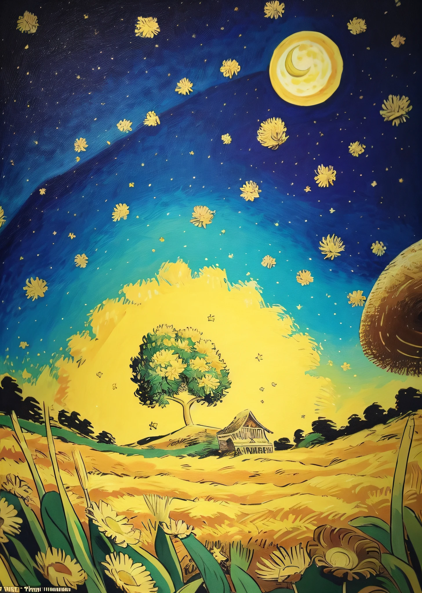 oil painted， Van Gogh， rich colourful， abstracted， abstract backgrounds， tmasterpiece， best qualityer， ultra-detailed wallpaper， 20-year-old Van Gogh， wearing straw hat， Cornfield， The tree， As estrelas， surreal dreamscape， himawari， the night，