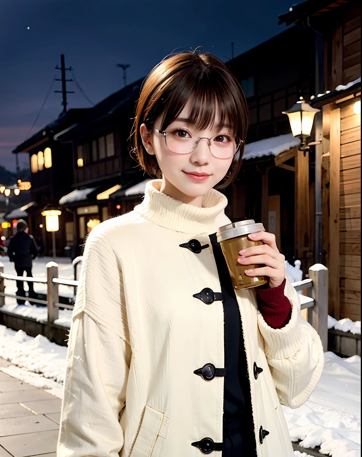 Woman posing in long coat in Japan city in midwinter、top-quality、 1 人、Small chest、tag、with light glowing、blur backgroun、Bokeh、outside of house、(Street:0.8)、Woman with glasses、Glasses with a thin frame、Round lens glasses、Thin golden glasses frame、、Luxury(Short hair、Forehead:1.2)、snowscape、Beautiful sky with details、(dynamicposes:1.2)、 (The upper part of the body:0.5)、Soft lighting、the wind、glowy skin、A smile、Long coat over sweater
