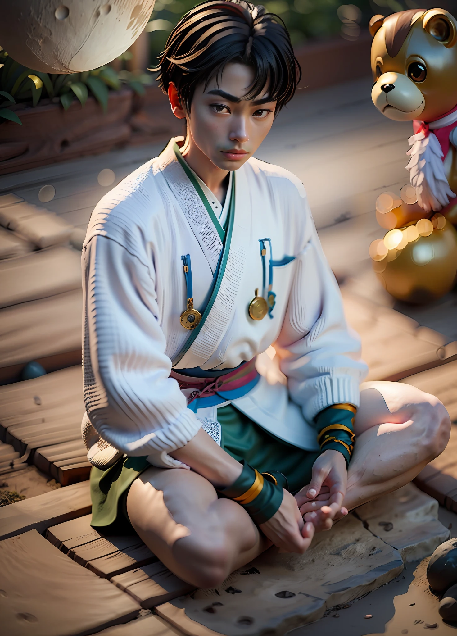 Character, oriental man model, A skinny young man in a Zen costume,(cotton texture), sat on the ground, Be meditating,The teapot is also on the ground,The background is the Japanese Kuma Garden,ultra short hair,Very bright eyes, Lighting details, Anime style with defining strokes, Dark background with moon blue light, 8K, hyper HD, severe low lighting, High quality, Sharp focus, Fujifilm XT3