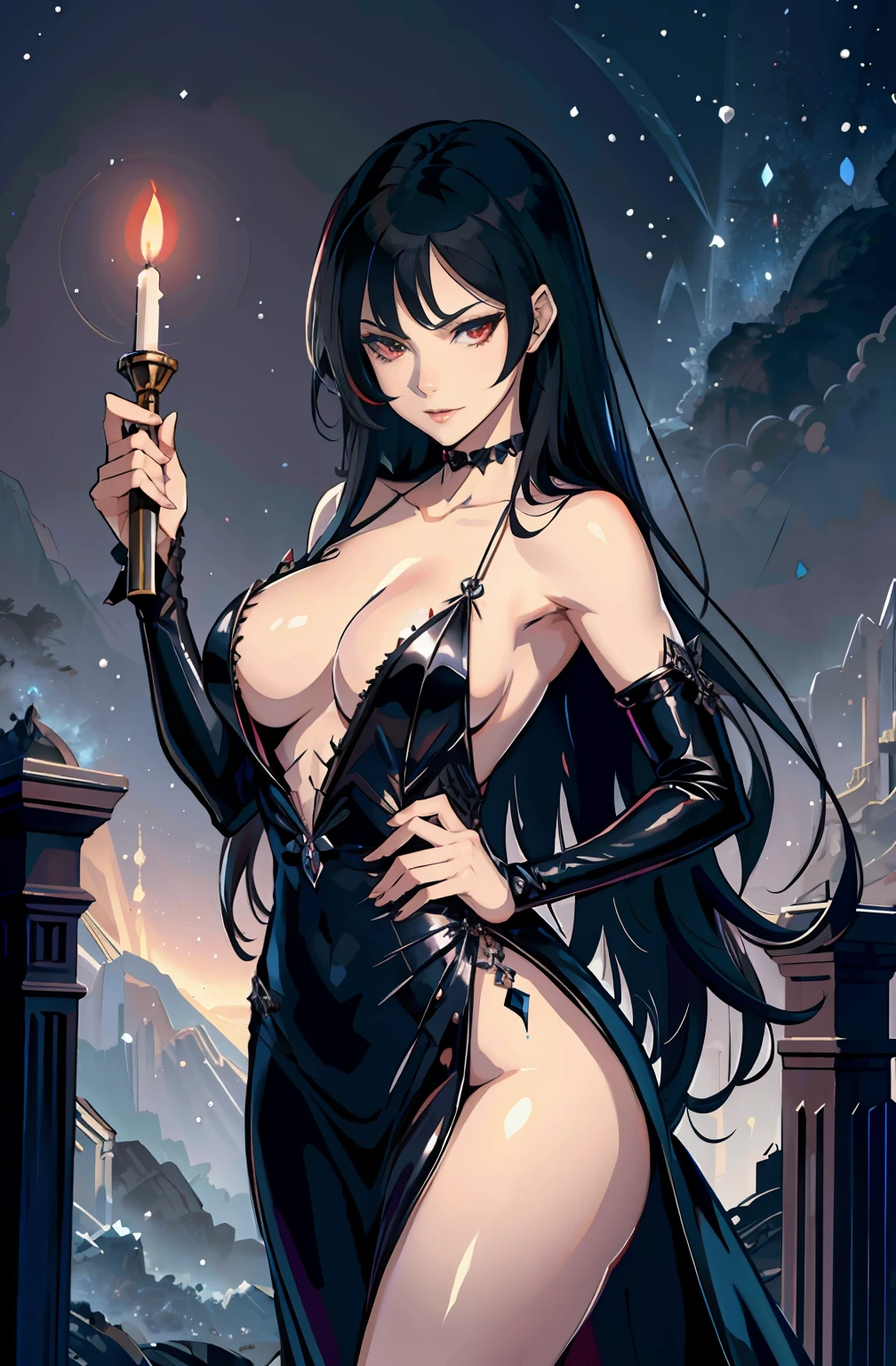 exposing her skin and taking off her clothes, taking off her bra and bantay, naked in the light and sighing, A cunning Vampiress countess, her skin as pale as moonlight, brandishing a jeweled dagger in a regal court, 8k, baroque anime style, high resolution, gentle hands, hypnotizing red eyes, detailed eyes and hands, countess gown, black and silver dress, dagger held aloft, seductive smirk, alluring expression, 2D illustration, long raven black hair, hair like the night, detailed hair, ruby red eyes, eyes like fine wine, detailed eyes, eyes enticing, the flicker of candlelight, poised on a grand staircase, the splendor of the court in the background.