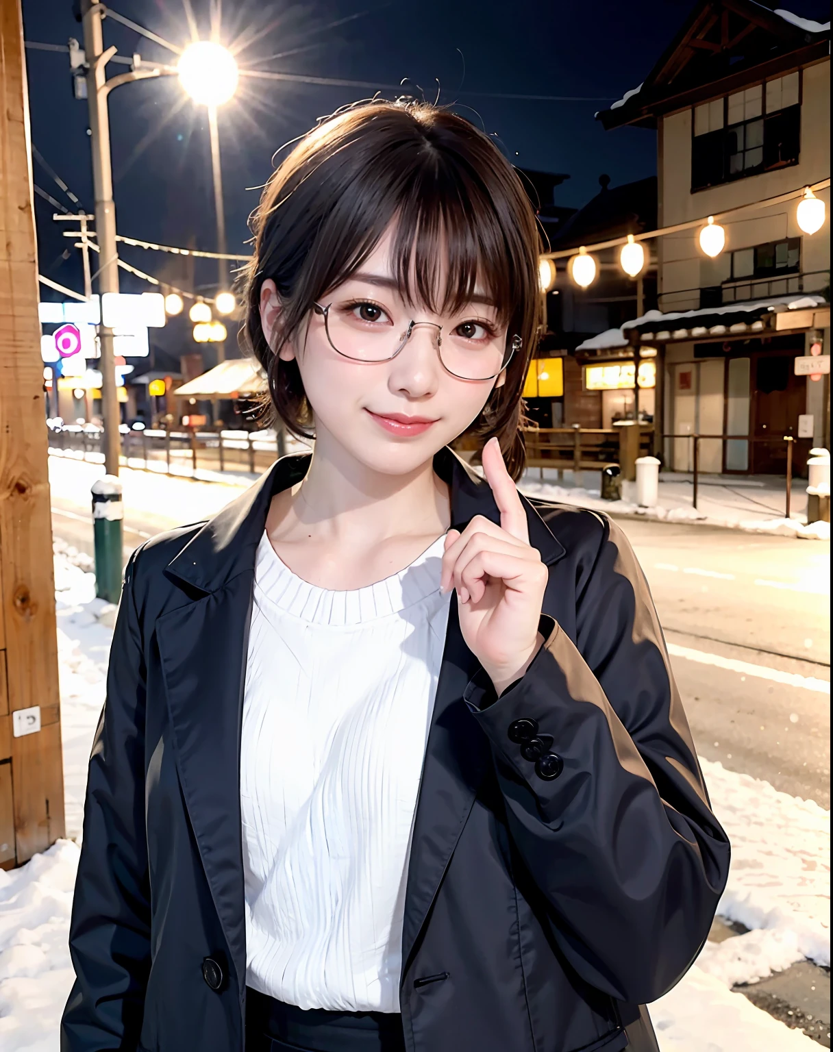 Woman posing in long coat in Japan city in midwinter、top-quality、 1 人、Small chest、tag、with light glowing、blur backgroun、Bokeh、outside of house、(Street:0.8)、Woman with glasses、Glasses with a thin frame、Round lens glasses、Thin golden glasses frame、、Luxury(Short hair、Forehead:1.2)、snowscape、Beautiful sky with details、(dynamicposes:1.2)、 (The upper part of the body:0.5)、Soft lighting、the wind、glowy skin、A smile、Long coat over sweater