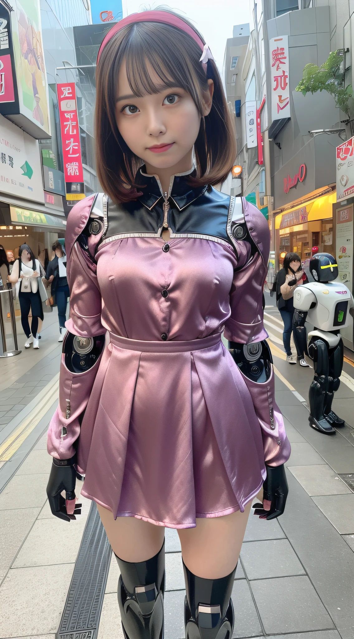 (Photorealsitic:1.4)、Onegirl、(top-quality),(hyperdetailed face)、(Super well-formed face)、((Robot Parts))、(Cyborg girl)、(Burgundy)、(metalic)、(fullllbody)、(Moe Pose)、(Slender body)、(tits out)、(Model body type)、(mecha exposure)、(akihabara)、(is looking at the camera)、(A dark-haired)、(９Head and body)、(a small face)、(Idol)、(front facing)、(is standing)、(Photo session)、(Looks sad)、(Cyborg girl in pink satin dress)、(sleeve less)、(a miniskirt)、(corrupted)、(Mender)