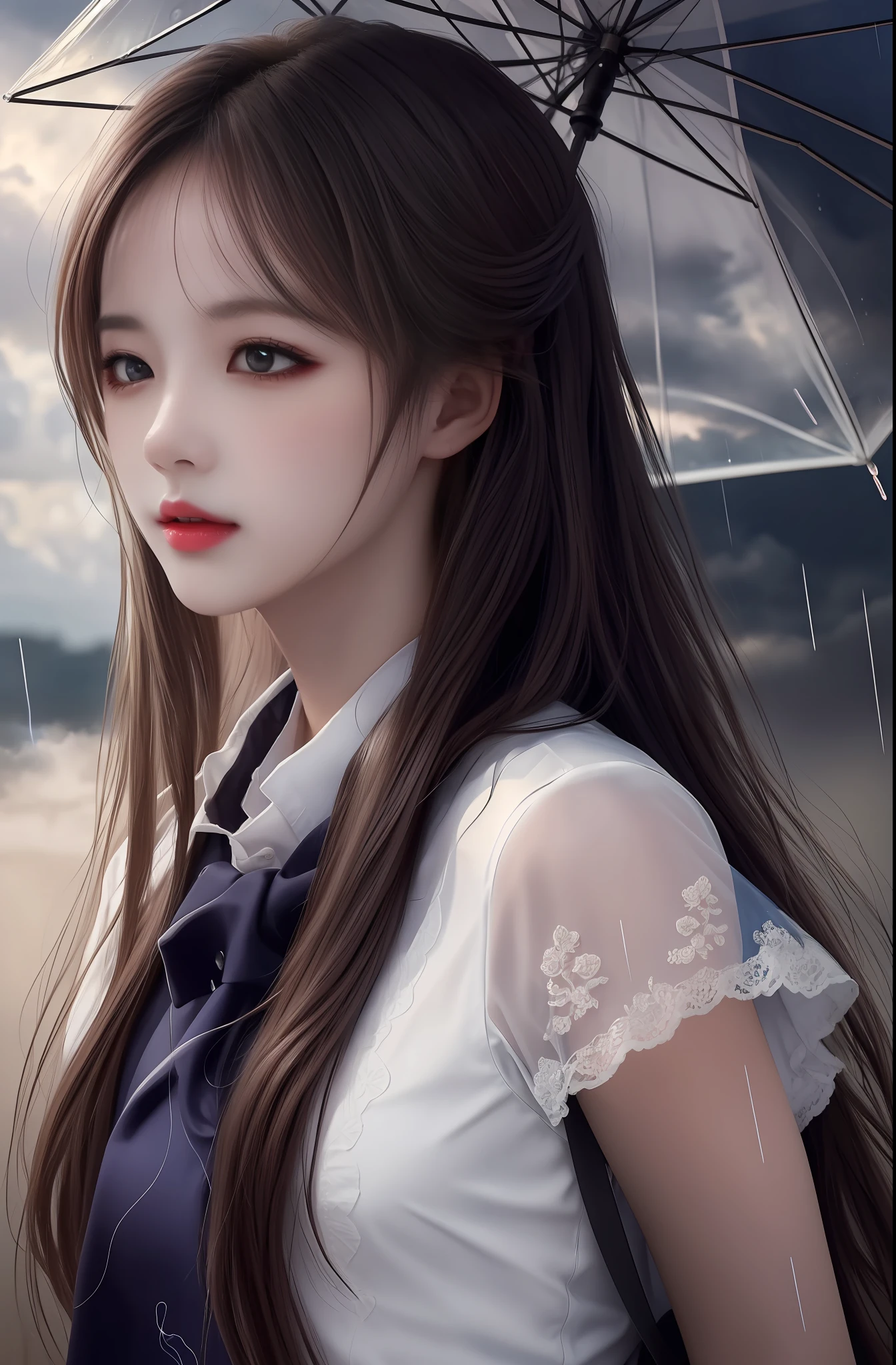 Masterpiece, top quality, blue lightning, realistic, realistic detail, high detail. a girl, colorful cloth, beautiful, cute, long hair, medium breath, brown hair, smoke background, clouds, rain, very high quality,