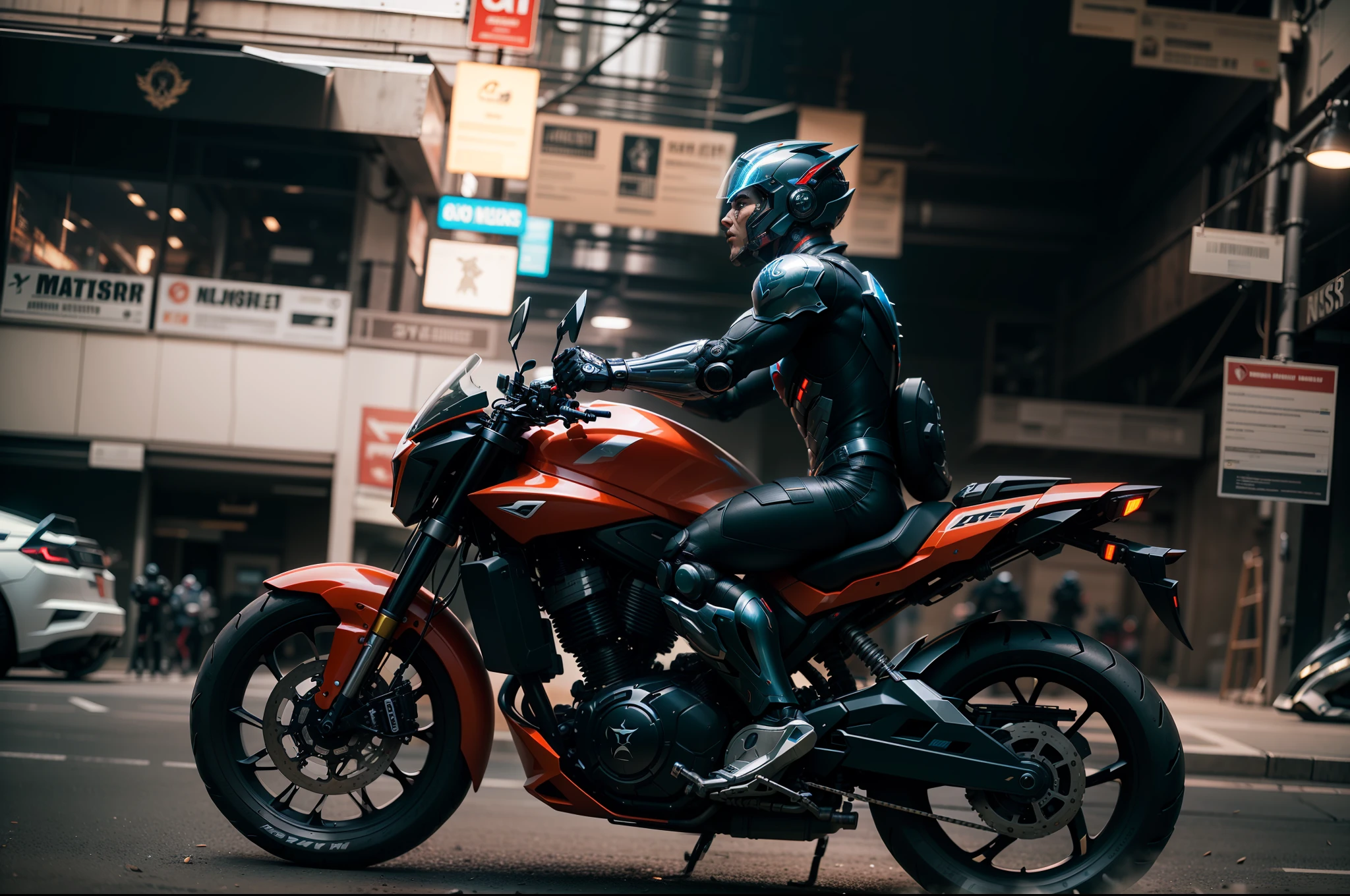 Cyber Man Warrior and Cyber Mechanical Motorcycle, Full Body Exquisite High-Tech Armor, Exquisite Black Tech Helmet, Nousr, Biomechanics, MSHN Robot Man, High-Tech Helmet, Surreal, Steel, Intricate Design, Crazy Details, Fine Details, Extremely Clear Lines, Cinematic Lighting, Photo Realistic, Detailed Masterpiece