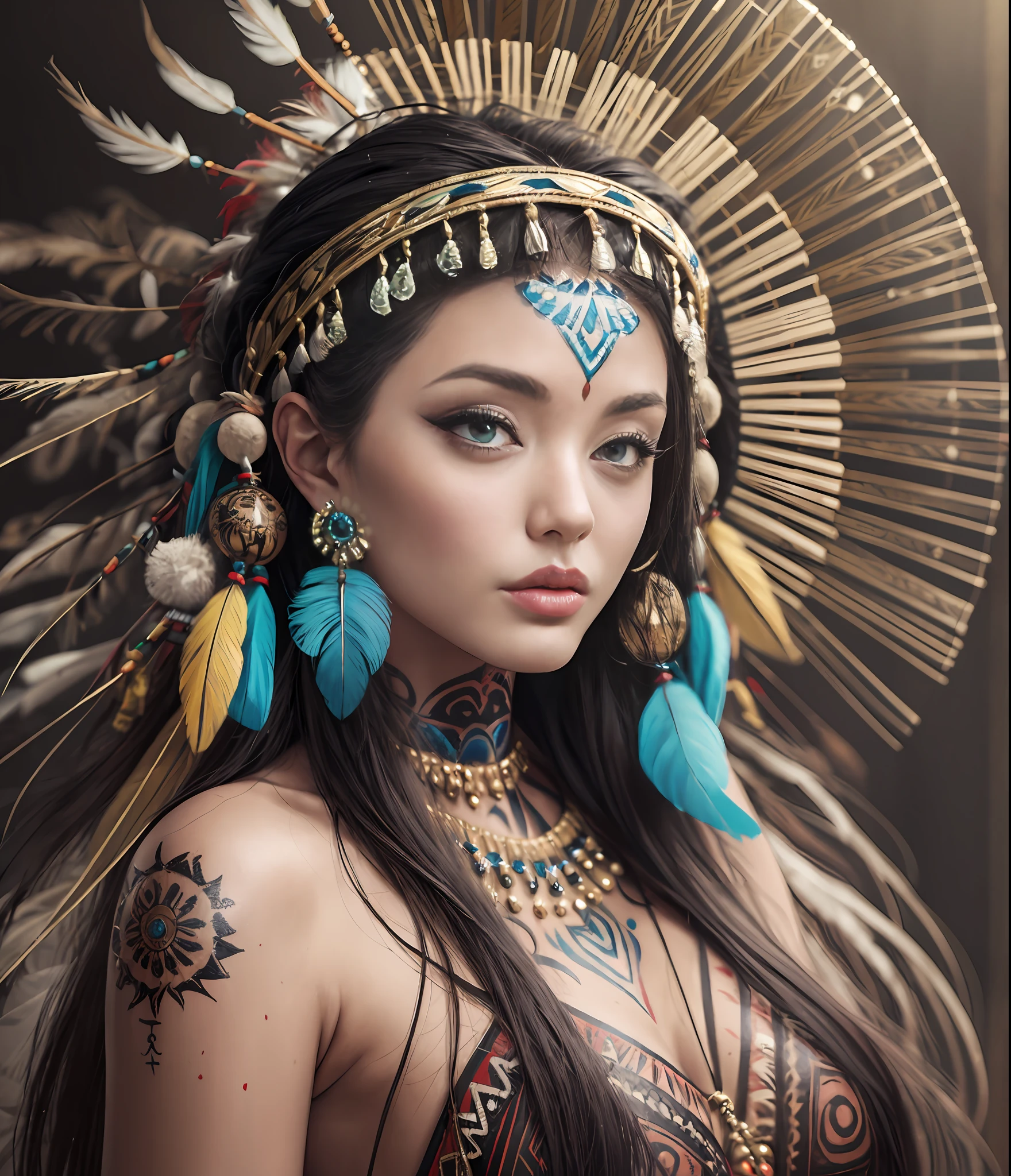 (full portrait), (half shot), solo, detailed background, detailed face, (stonepunkAI, stone theme:1.1), wise, (female), (native american), (beautiful hair, braids:0.2), shaman, septum piercing, mystical, (gorgeous face), stunning, head tilted upwards, (serene expression), calm, Seafoam Green frayed clothes, prayer beads, tribal jewelry, feathers in hair, headdress:0.33, jade, obsidian, detailed clothing, cleavage, realistic skin texture, (floating particles, water swirling, embers, ritual, whirlwind, wind:1.2), sharp focus, volumetric lighting, good highlights, good shading, subsurface scattering, intricate, highly detailed, ((cinematic)), dramatic, (highest quality, award winning, masterpiece:1.5), (photorealistic:1.5), (intricate symmetrical warpaint:0.5),