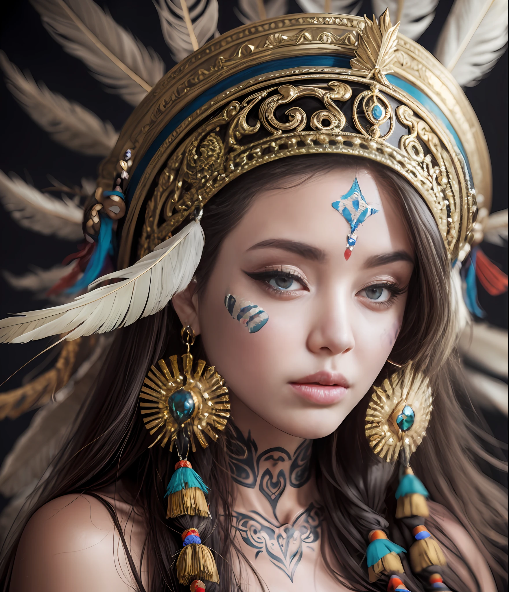 (full portrait), (half shot), solo, detailed background, detailed face, (stonepunkAI, stone theme:1.1), wise, (female), (native american), (beautiful hair, braids:0.2), shaman, septum piercing, mystical, (gorgeous face), stunning, head tilted upwards, (serene expression), calm, Seafoam Green frayed clothes, prayer beads, tribal jewelry, feathers in hair, headdress:0.33, jade, obsidian, detailed clothing, cleavage, realistic skin texture, (floating particles, water swirling, embers, ritual, whirlwind, wind:1.2), sharp focus, volumetric lighting, good highlights, good shading, subsurface scattering, intricate, highly detailed, ((cinematic)), dramatic, (highest quality, award winning, masterpiece:1.5), (photorealistic:1.5), (intricate symmetrical warpaint:0.5),