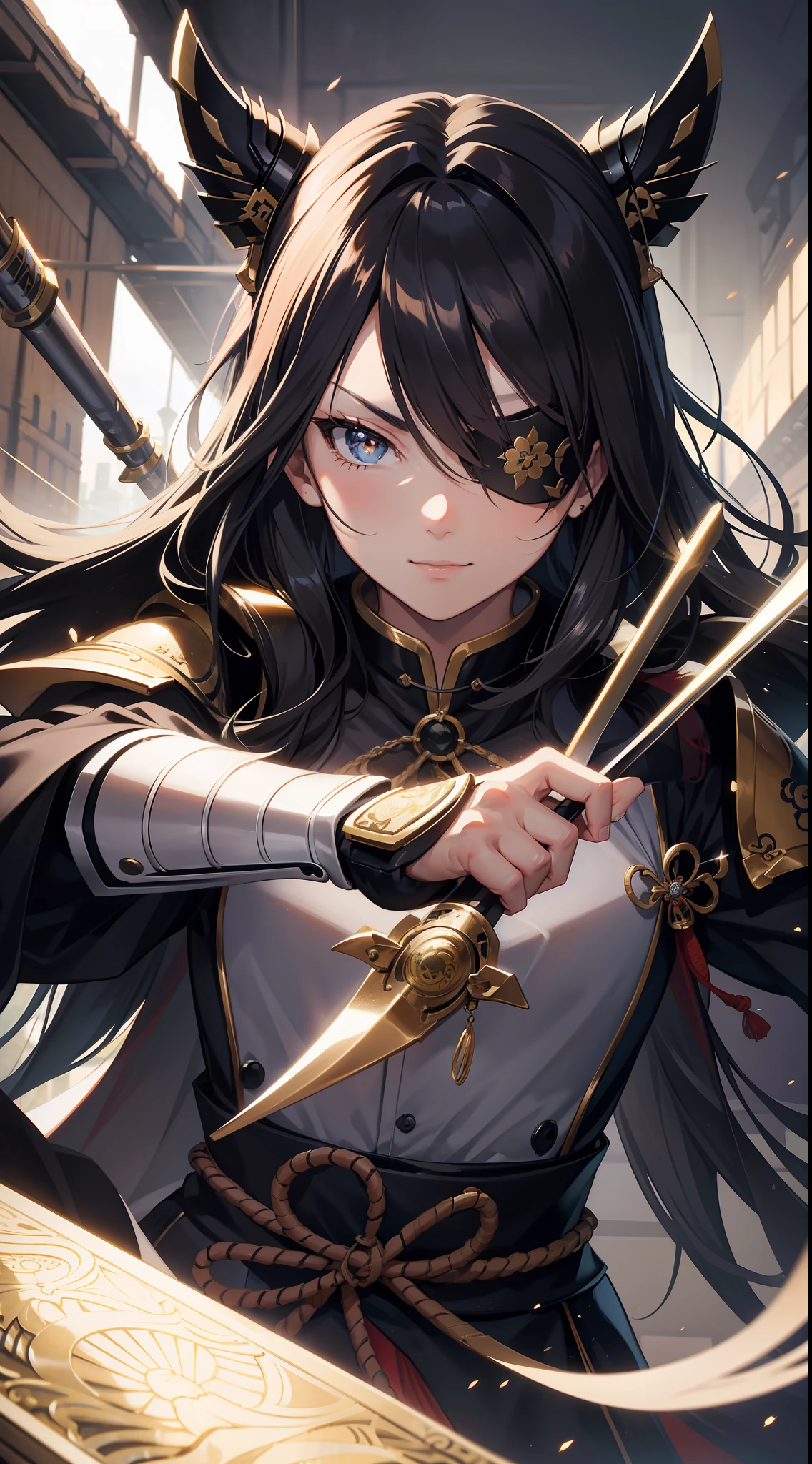 anime style, a closeup of masamune date, one eye patch, black long hair, no facial hair, wearing masamune sengoku helmet, sengoku period armor, wide angular facial structure, dynamic pose, shiny armor, hyperdetailed big hazel eyes, slight smile facial expression, hyperdetailed and symmetrical face, dynamic pose, hyperreal, focus on intricate detail and realism, Detailed depictions of chrome and light reflecting on metal surfaces, masterpiece, cinematic warm lighting, rough, textured