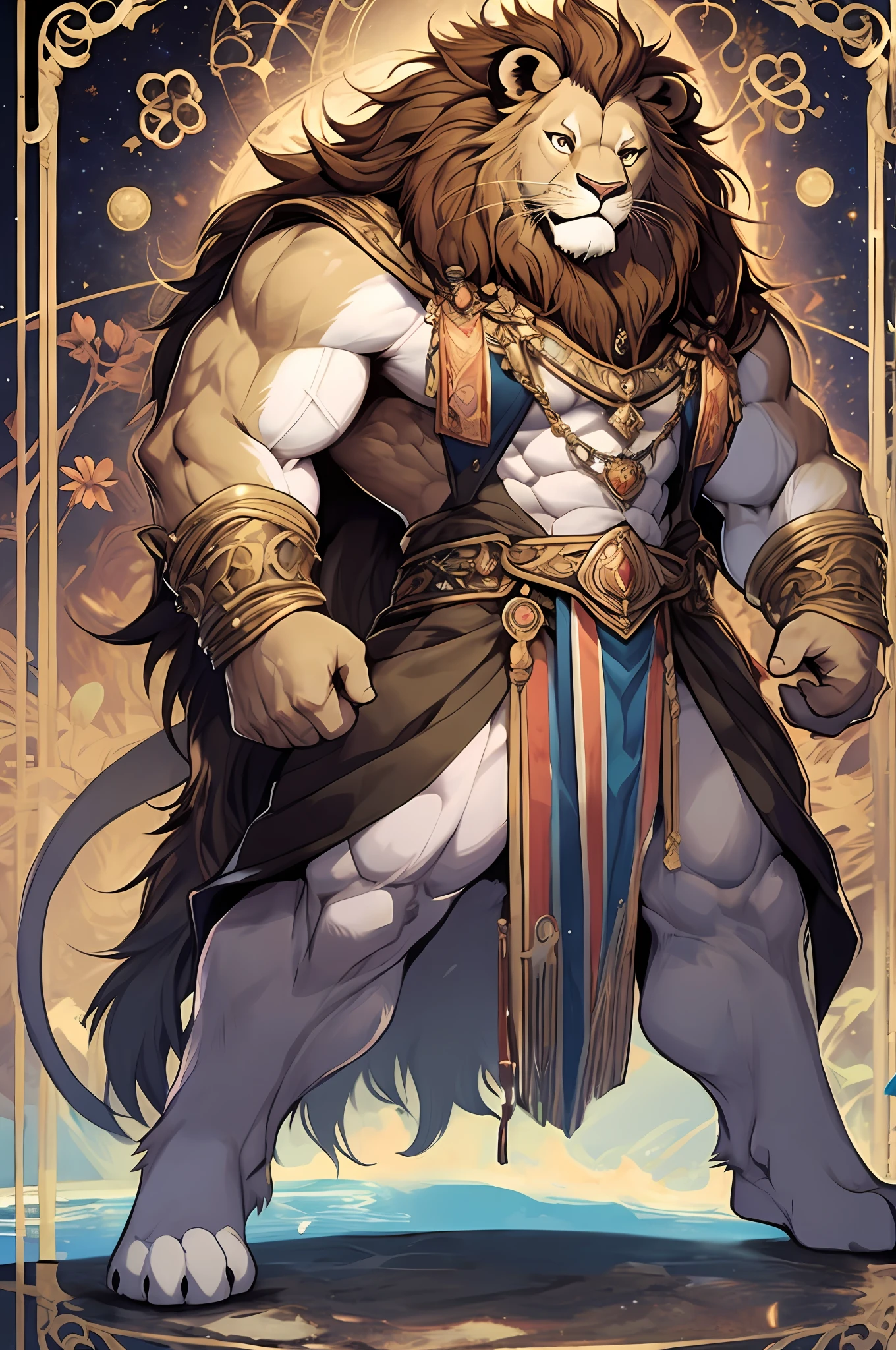 majestis furry (muscular furry lion) standing with astrological sign, an anthro, anthromorbic, zodiac, leo zodiac background, mistic