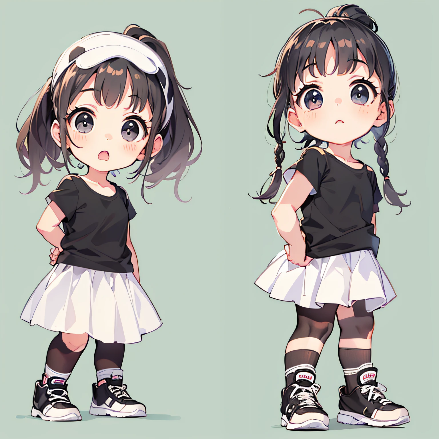 超高分辨率, A cute 3 year old girl, Black double ponytail, black big eyes, long eyelasher, Stand sideways to watch the audience, Wearing sneakers, fully body photo, white backgrounid, Black tights, Wear a white T-shirt, cuteexpression, Cute short skirt, chibi , 2.5 head body, sideways standing, Horizontal angle, Soft and cute, virtuous