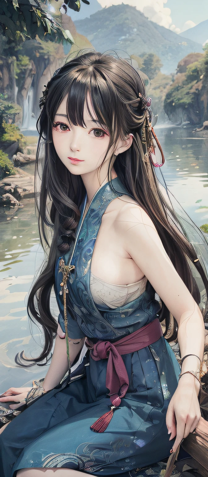 Anime girl sitting on a log by the water, Beautiful character painting, highly detailed exquisite fanart, Guviz-style artwork, a beautiful anime portrait, drawn in anime painter studio, Guviz, Digital anime illustration, Alice X. zhang, detailed portrait of an anime girl, inspired by Chen Yifei, by Yang J, Detailed digital anime art, Beautiful anime girl