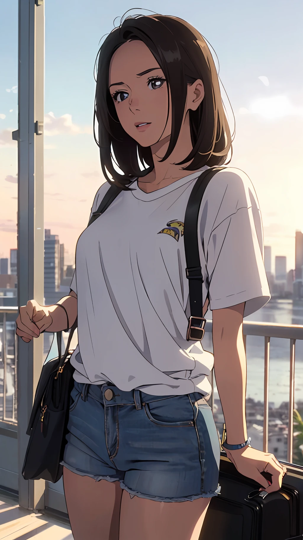 (beautiful and magnificent skyline, majestic sky), (extremely tense and dramatic pictures, efeitos visuais em movimento), (Polaris pendurado alto, luz natural colorida), (1girl), (top de manga comprida, shorts jeans, carregando uma mochila), (dinamic pose:1.3, olhos pretos, cabelo preto curto,  cintilante)[:0.8], (grande pastagem), (brisa que se aproxima), (brown hair and background coordination effect: 1.2), (close shot, long shot mix and match)[: :0.9] --auto