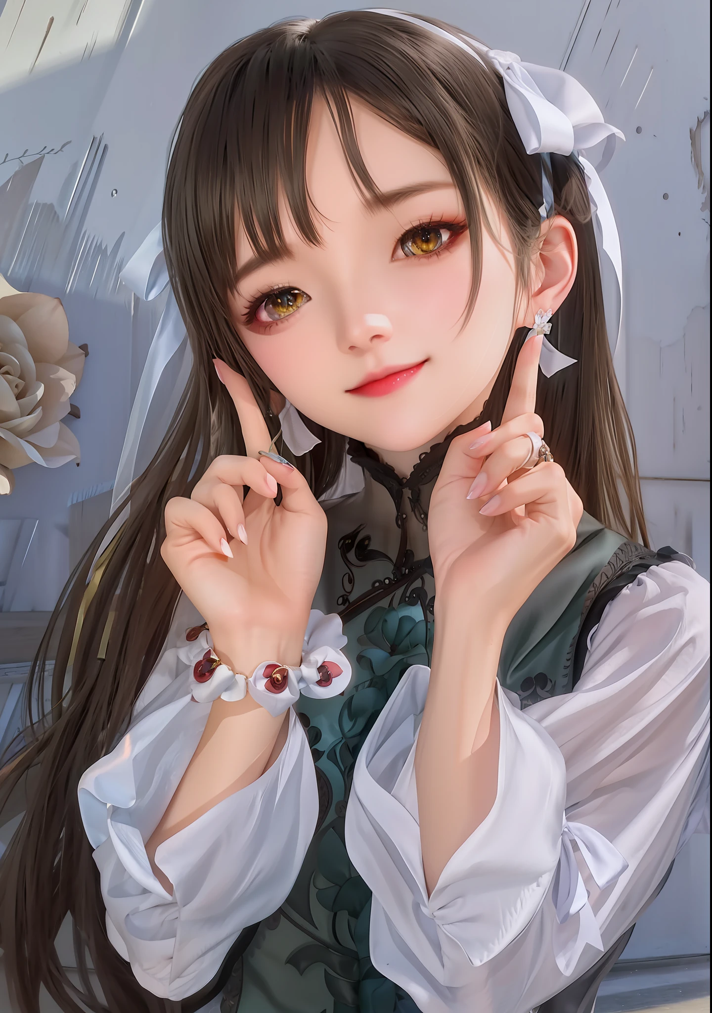 Black hair，Beautuful Women，white hair ribbon，adolable，Yellow eyes，offcial art，Unity 8k壁纸，ultra - detailed，Aesthetics，tmasterpiece，best qualtiy，realisticlying