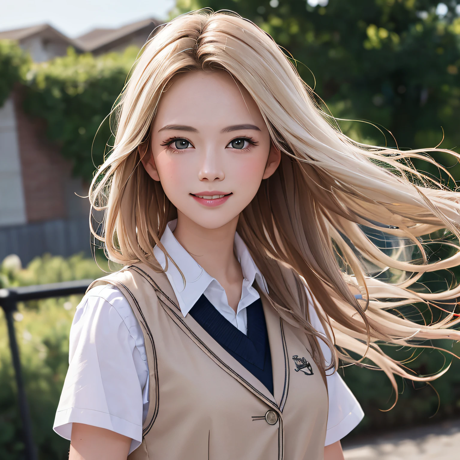 (8K, RAW Photos, of the highest quality, Masterpieces: 1.2), (Realistic, Photorealistic: 1.37), Highest Quality, Ultra High Resolution, light leaks, Dynamic lighting, Slim and smooth skin, (Full body:1.3), (Soft Saturation: 1.6), (Fair skin: 1.2), (Glossy skin: 1.1), Oiled skin, 22 years old, Night, shiny white blonde, Well-formed, Hair fluttering in the wind, Close-up shot of face only, Physically Based Rendering, From multiple angles, A big smile, School uniform, Pleated skirt, Beige vest, thunderstorm, The Flash,