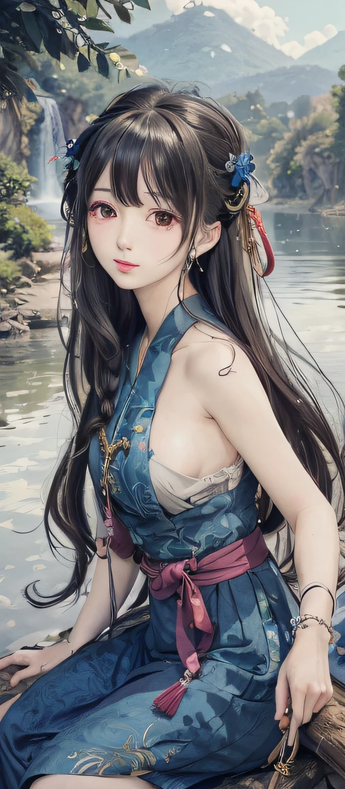 Anime girl sitting on a log by the water, Beautiful character painting, highly detailed exquisite fanart, Guviz-style artwork, a beautiful anime portrait, drawn in anime painter studio, Guviz, Digital anime illustration, Alice X. zhang, detailed portrait of an anime girl, inspired by Chen Yifei, by Yang J, Detailed digital anime art, Beautiful anime girl