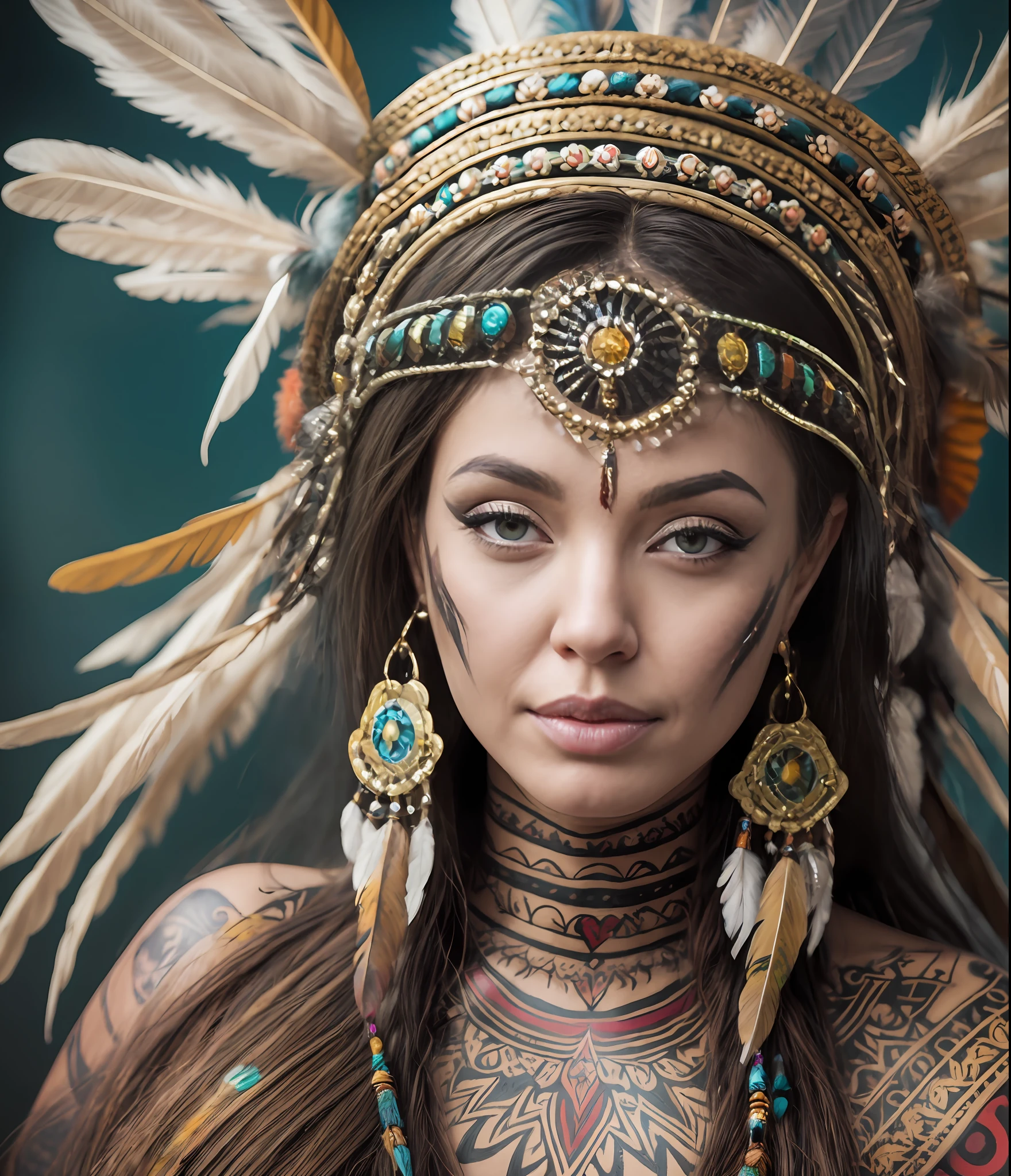 (full portrait), (half shot), solo, detailed background, detailed face, (stonepunkAI, stone theme:1.1), wise, (female), (native american), (beautiful hair, braids:0.2), shaman, septum piercing, mystical, (gorgeous face), stunning, head tilted upwards, (serene expression), calm, Seafoam Green frayed clothes, prayer beads, tribal jewelry, feathers in hair, headdress:0.33, jade, obsidian, detailed clothing, cleavage, realistic skin texture, (floating particles, water swirling, embers, ritual, whirlwind, wind:1.2), sharp focus, volumetric lighting, good highlights, good shading, subsurface scattering, intricate, highly detailed, ((cinematic)), dramatic, (highest quality, award winning, masterpiece:1.5), (photorealistic:1.5), (intricate symmetrical warpaint:0.5),