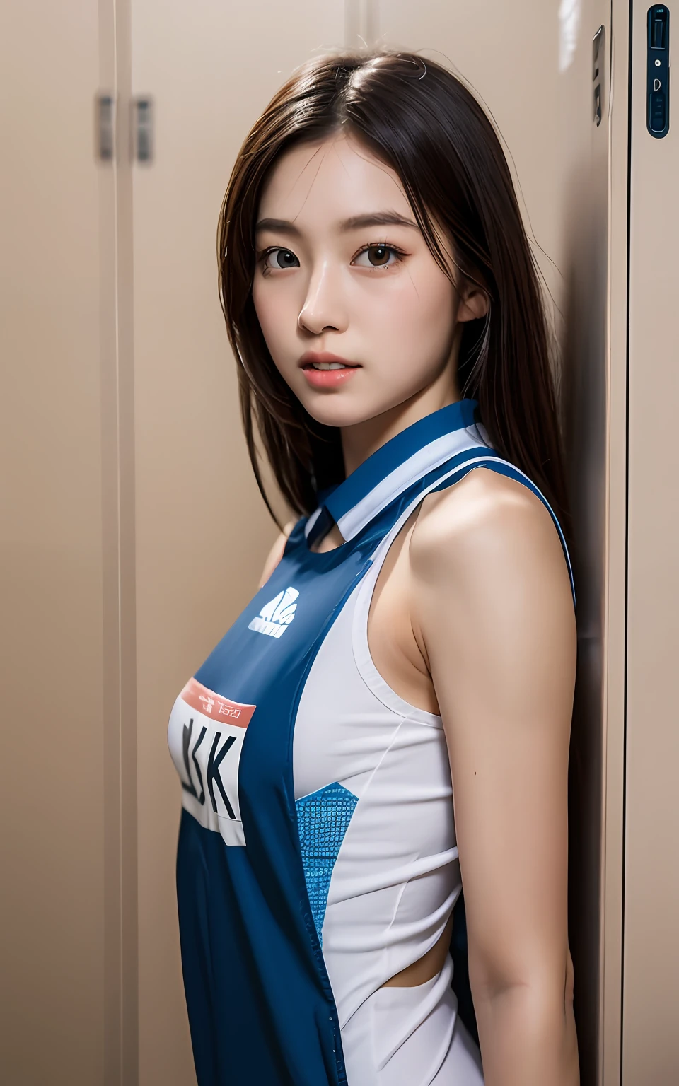 extremely detailed CG unity 8k wallpaper, best quality, ultra-detailed, masterpiece, realistic, photo realistic, extremely detailed cute girl, 25years old, (wearing Track and Field Uniforms), (race bib), blush ,  Half body shot , locker room  ,