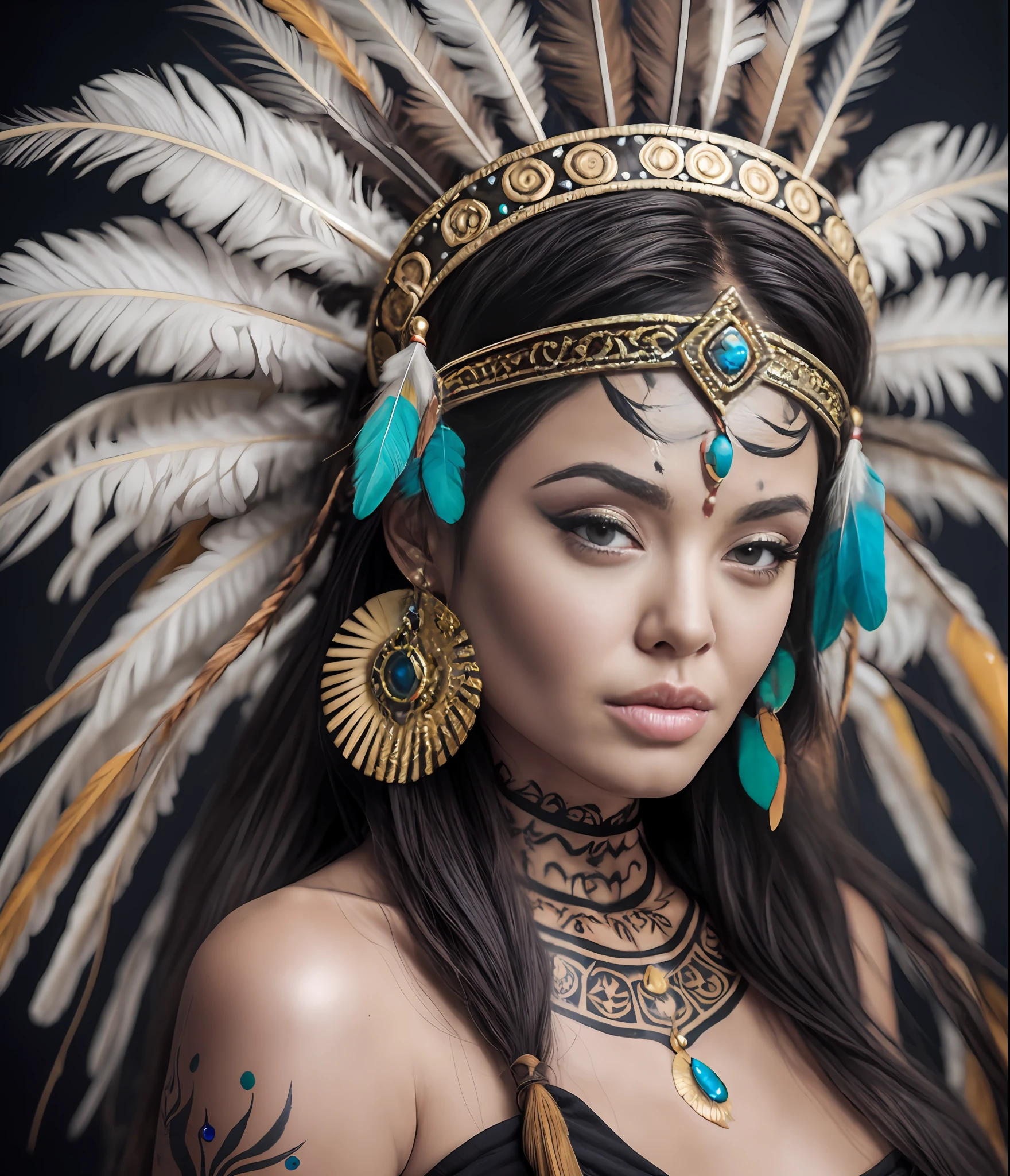 (full portrait), (half shot), solo, detailed background, detailed face, (stonepunkAI, stone theme:1.1), wise, (female), (native american), (beautiful hair, braids:0.2), shaman, septum piercing, mystical, (gorgeous face), stunning, head tilted upwards, (serene expression), calm, Seafoam Green frayed clothes, prayer beads, tribal jewelry, feathers in hair, headdress:0.33, jade, obsidian, detailed clothing, cleavage, realistic skin texture, (floating particles, water swirling, embers, ritual, whirlwind, wind:1.2), sharp focus, volumetric lighting, good highlights, good shading, subsurface scattering, intricate, highly detailed, ((cinematic)), dramatic, (highest quality, award winning, masterpiece:1.5), (photorealistic:1.5), (intricate symmetrical warpaint:0.5),