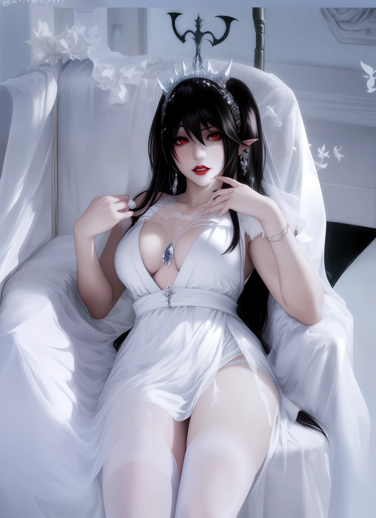 Arapei in a white dress sat on a white chair, Anime girl cosplay, Albedo from Overlord, Japanese goddess, seductive anime girls, alluring tipha lockhart portrait, beautiful vampire female queen, beautiful elegant demon queen, pale snow-white skin, cosplay, pale milky white porcelain skin, ff Tifa, beautiful vampire queen, tifa lockheart