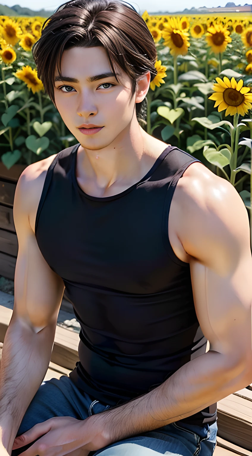 ((Men only)), (sitting on the bench), (Handsome muscular young man in his 20' in the middle of a sunflower field), He wears a men's long tanktop, (Show me his abs), short hair, Mischievous smile, (detaile: 1 in 1), Natural muscles, HIG quality, beautidful eyes, (Detailed face and eyes), (Face、: 1 / 2), Noise, Real Photographics、... ..................................................................PSD, Sharp Focus, High resolution 8K, realisitic & Professional Photography, 8K UHD, Soft lighting, High quality, Film grain, FujifilmXT3