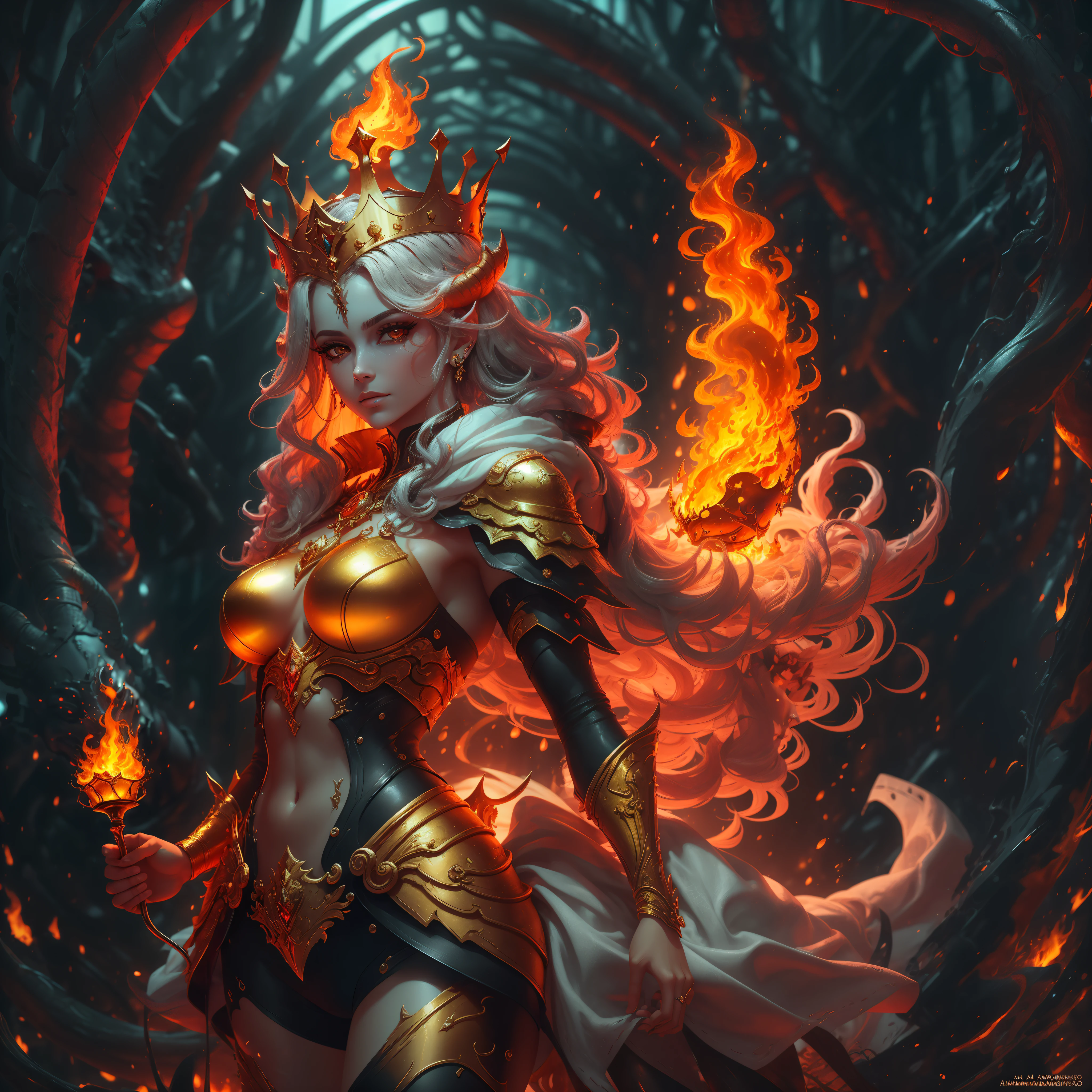 An underworld demon with red skin and golden hair, with a fiery crown with silver details in high resolution, she has a black syrup and a thin waist., ela usa colares de ouro e diamante roupa amarela radiante detalhado imagem super detalhad, In the background has a super detailed black cebero professional high resolution photo, fotorealista de alta qualidade --auto