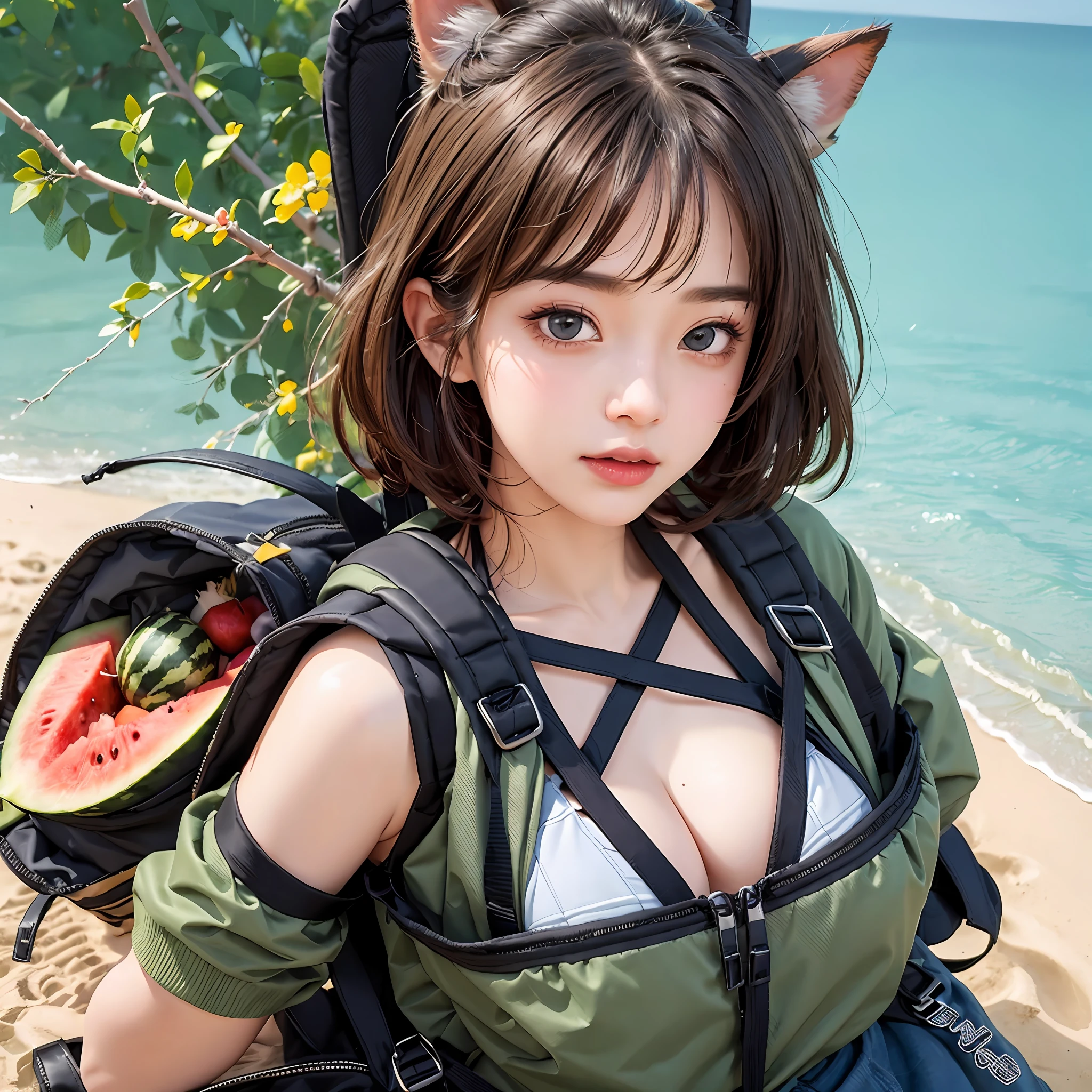 （Beat a watermelon with a stick:1.5）、Watermelon groats、sand beach、Fractal Bikini、rucksack、Thick eyebrows、(Huge backpack:1.5)、Brown skin、small tits、flats、电影灯光、small tits、Rabbit ears、(​masterpiece)、((top-quality))、(ultra-detailliert)、shinny skin、girl with、Clean and detailed face、High resolution eyes、Five Fingers、textile shading、The perfect human structure、