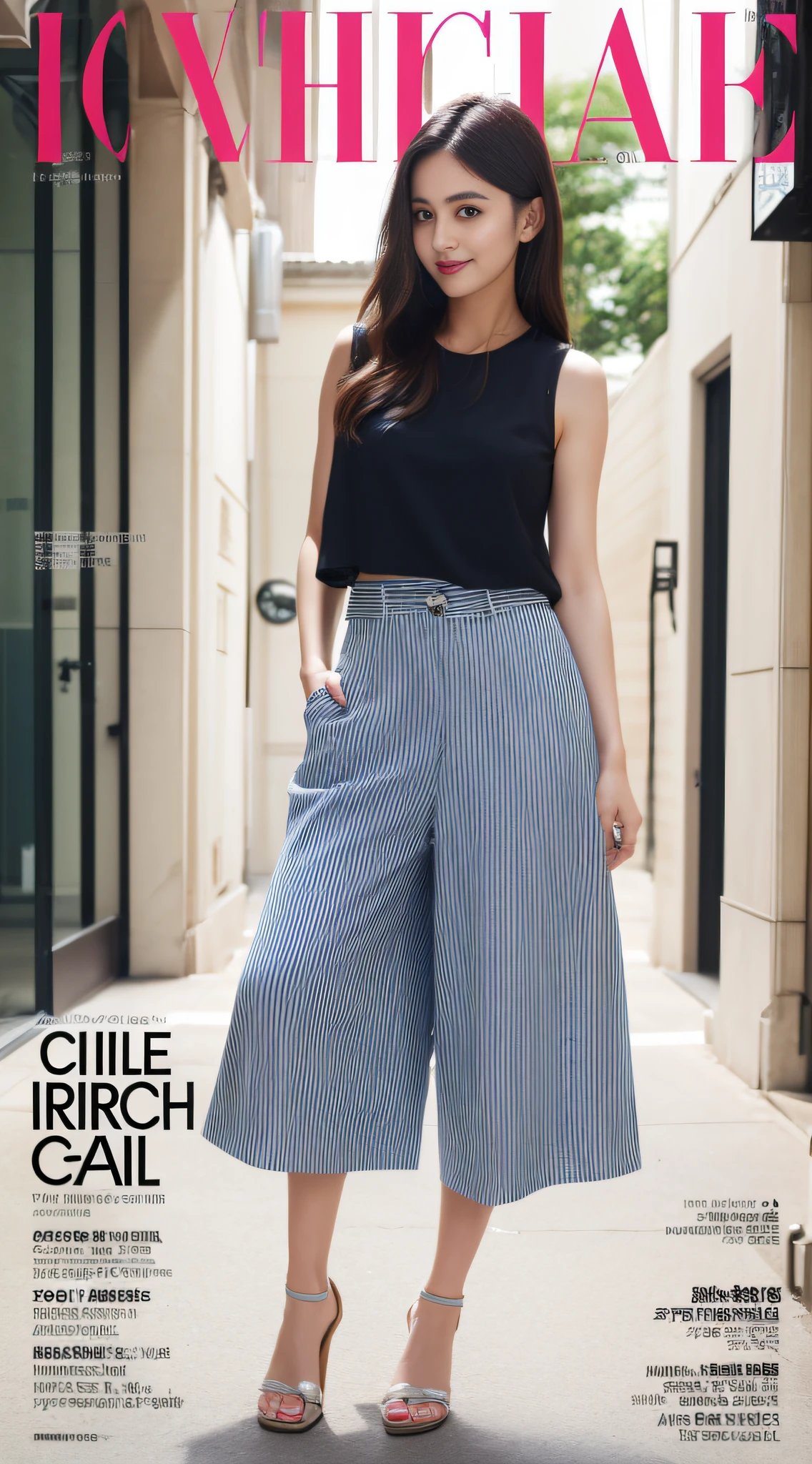A super beautiful girl，Big bright eyes，Cool feeling，(Fashion magazine Cole:1.3),（culottes, sleeveless blouse, wedges）