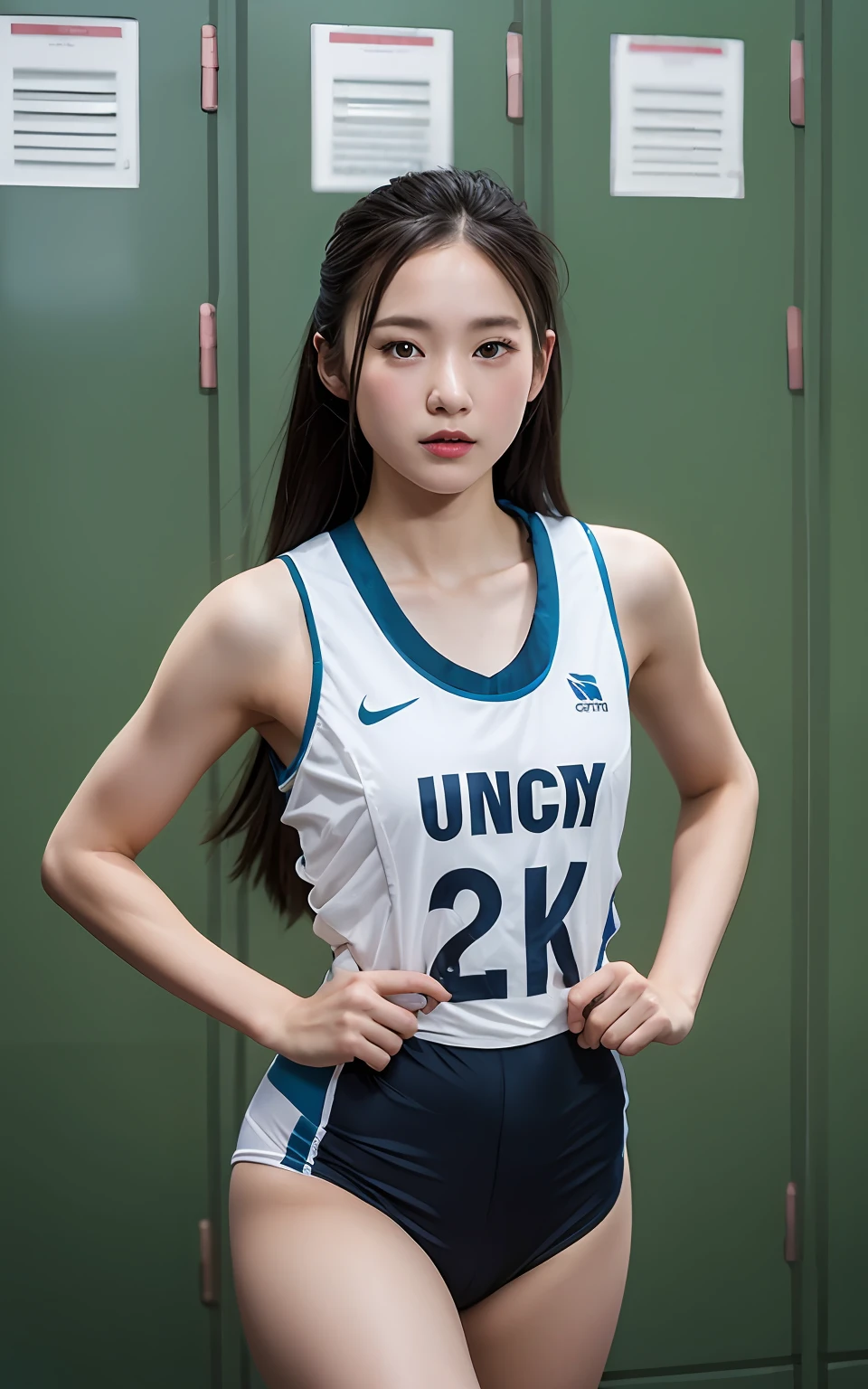 extremely detailed CG unity 8k wallpaper, best quality, ultra-detailed, masterpiece, realistic, photo realistic, extremely detailed cute girl, 25years old, (wearing Track and Field Uniforms), (race bib), blush , Half body shot , locker room , squat