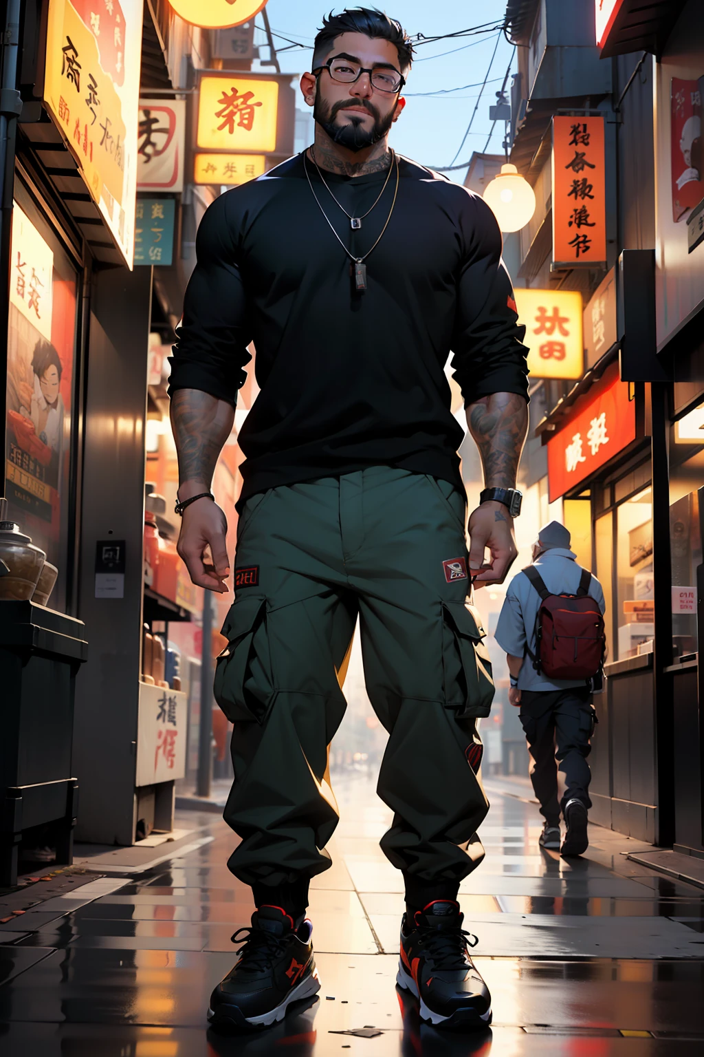 1man,short hair, muscular, beard, Streetwear,cargo pants, necklace,taiwan, street, (masterpiece, best quality, highres, ultra detailed ), night , depth of field, glasses,