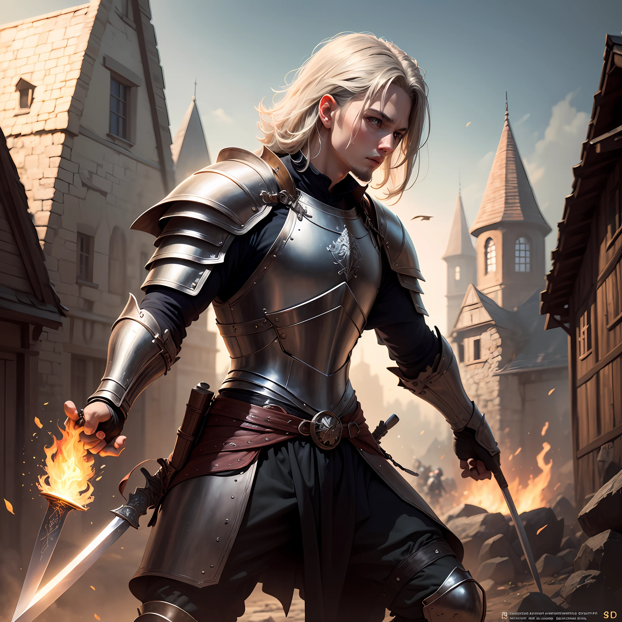 Hyper-realistic), (illustratio), (A high resolution), (8K), (extremely higly detailed), (Most Best Illustration),  (best qualtiy), (ultra - detailed), (tmasterpiece)，ember，whaite hair，armour，Background medieval village，There is a sword on his back，There is a silver sword in his hand， --auto