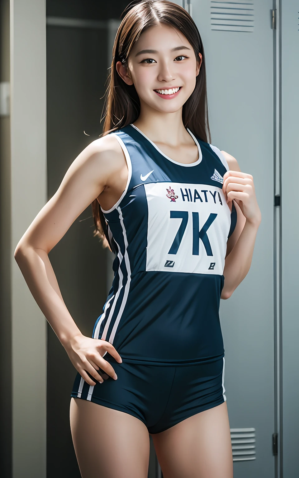 extremely detailed CG unity 8k wallpaper, best quality, ultra-detailed, masterpiece, realistic, photo realistic, extremely detailed cute girl, 25years old, (wearing Track and Field Uniforms), (race bib), smile ,  Half body shot , locker room  ,  hand on own hip