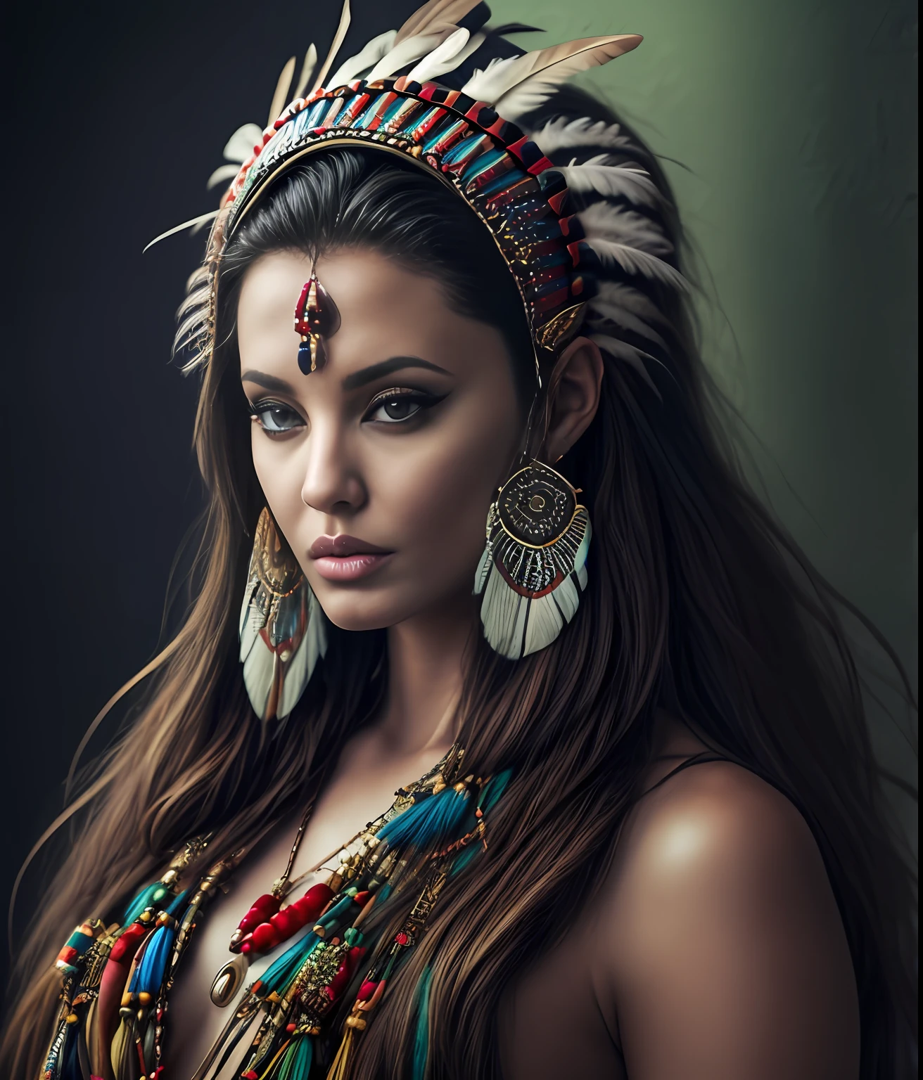 (full portrait), (half shot), solo, detailed background, detailed face, (stonepunkAI, stone theme:1.1), wise, (female), (native american), (beautiful hair, braids:0.2), shaman, septum piercing, mystical, (gorgeous face), stunning, head tilted upwards, (serene expression), calm, Seafoam Green frayed clothes, prayer beads, tribal jewelry, feathers in hair, headdress:0.33, jade, obsidian, detailed clothing, cleavage, realistic skin texture, (floating particles, water swirling, embers, ritual, whirlwind, wind:1.2), sharp focus, volumetric lighting, good highlights, good shading, subsurface scattering, intricate, highly detailed, ((cinematic)), dramatic, (highest quality, award winning, masterpiece:1.5), (photorealistic:1.5), (intricate symmetrical warpaint:0.5),