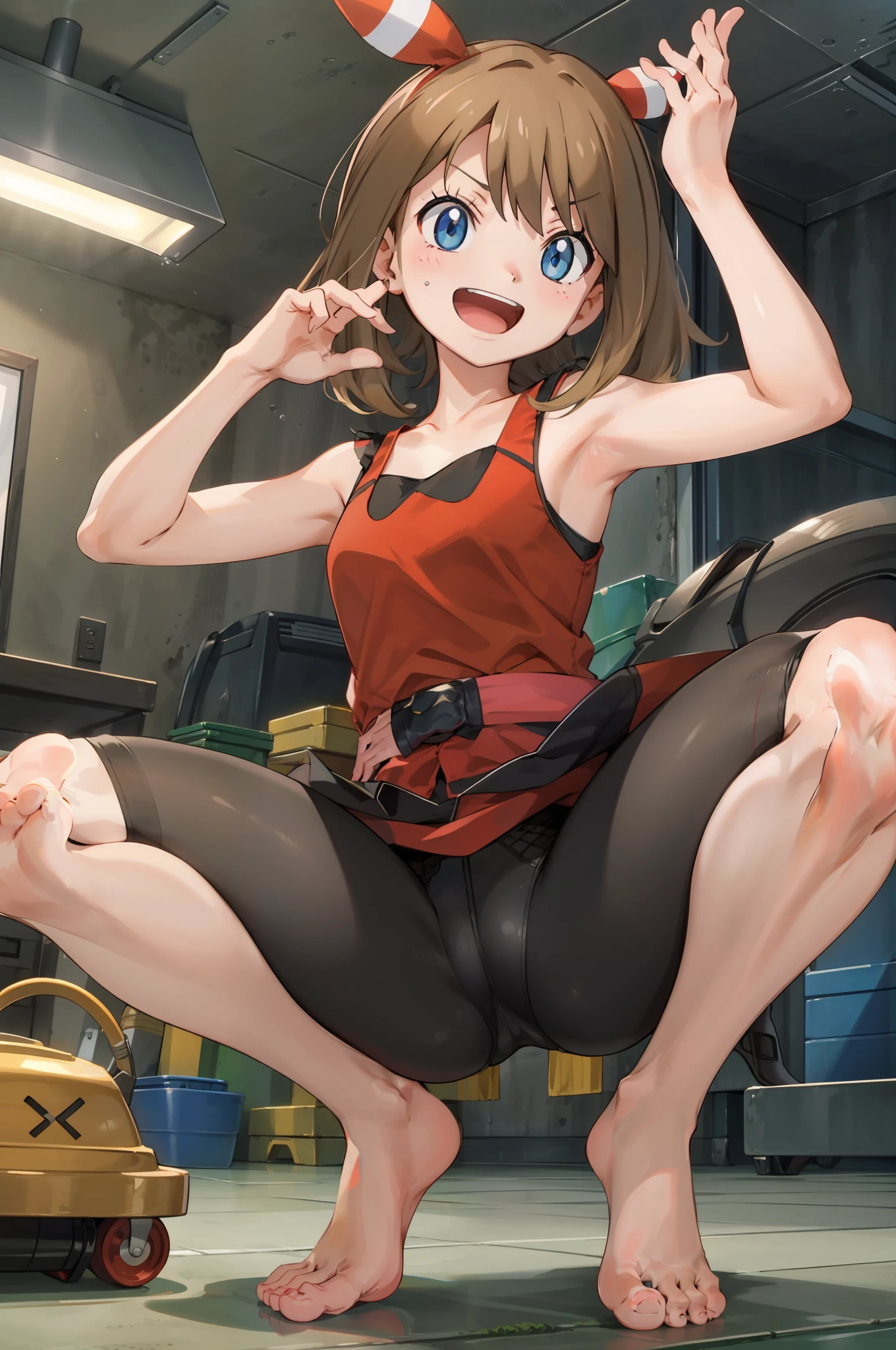 Haruka_城市, 8K,), Perfect lighting, suns rays, Masterpiece, Perfect lighting, Masterpiece, Professional lighting, Detailed face, 1girll, Adorable, Very cute,Tiny,The girl was laughing,having fun, big,The graphical curve is very good,did not wear pancuum,showing armpit,Raise your hands,Exposes both armpits,Armpits,Stirrup pants,Be red in the face,spread their legs,squatting on the ground,No shoes on,The toes are nice to look at,The soles of the feet can be seen,The soles of the feet are beautiful,The soles of the feet are a bit dirty,Very sexy,Love its,Foot fetish