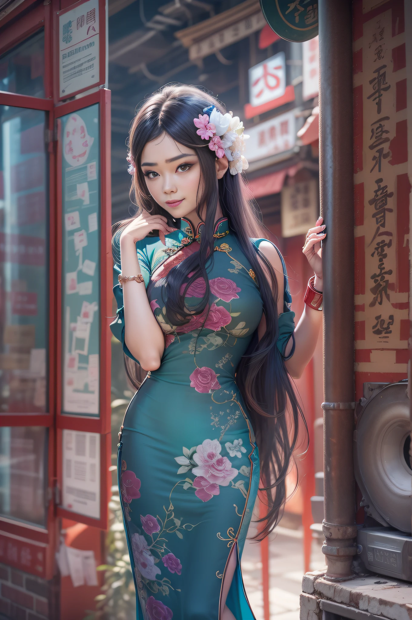 Very beautiful woman. She wears a cheongsam, The background is Chinatown, Very long hair, aqua eyes, lightsmile, Art deco, Glitter Effect, One-person viewpoint, Sony FE GM, nffsw, retinas, masutepiece, ccurate, Anatomically correct, Textured skin, Super Detail, high details, High quality, awardwinning, Best Quality, hight resolution, 1080p, hard disk, 4K, 8K, 16 K