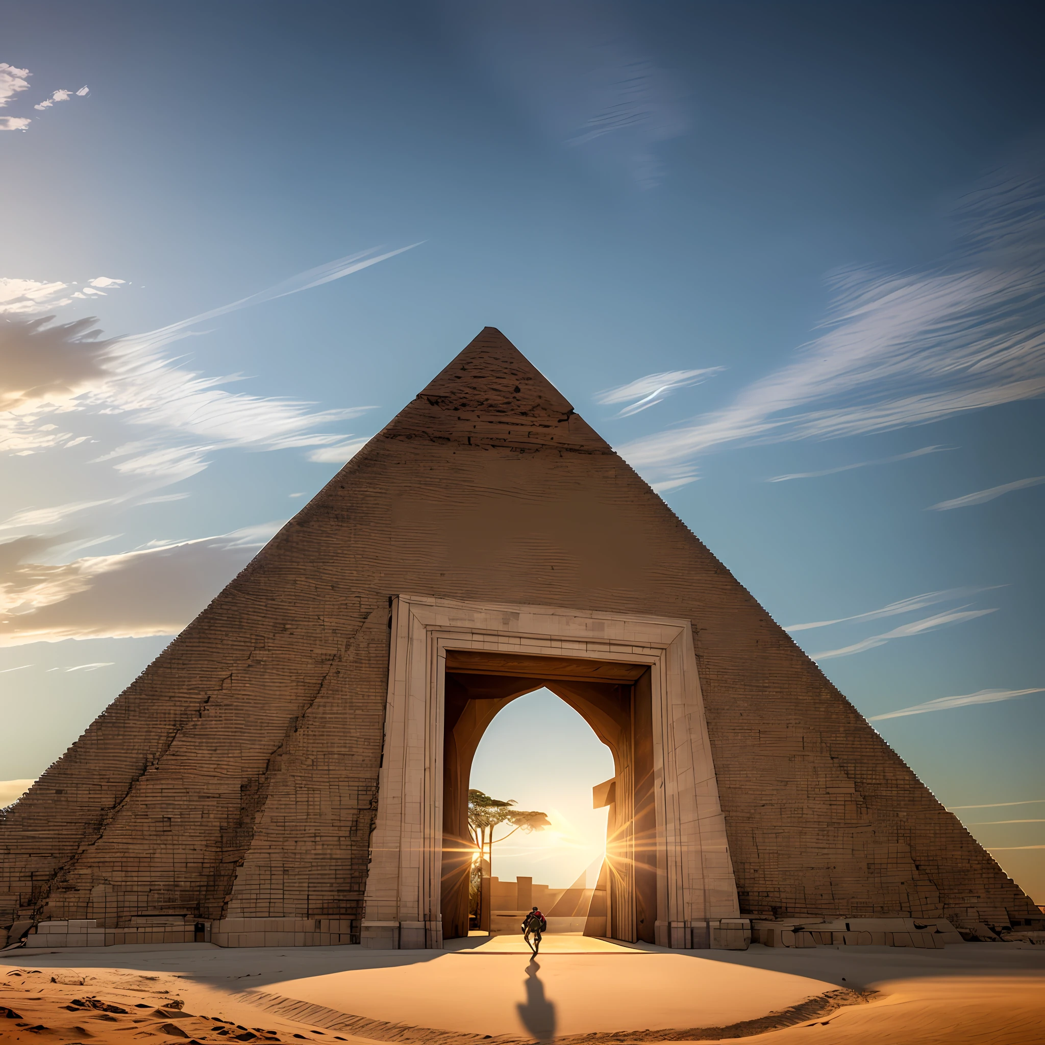 Foto profissional de filme . Hyper realistic photo of a single symmetrical great pyramid of the future with details with few indirect and very dim lights, luz fraca misteriosa , sozinho. no deserto. parece metal com cimento negro fosco, dark pyramid, with a large futuristic entrance with a triangle-shaped portal. Majestic portal and intricate detailing of the Pyramid, simetria perfeita:1.4, Um intenso, beam of concentrated light comes out of the top of the pyramid vertically towards the sky as a very bright concentrated energy with incredible medium thickness and Greg Rutkowski, doors that are cosmic portals, gateway to another dimension, por beeple, beeple daily art, Estilo Beeple. (Extreme Detail CG Unity 32k papel de parede, obra-prima, alta qualidade), (Exquisite lighting and shade, highly dramatic image, cinematic lens effect), (Excelente Detalhe, Excellent lighting, Grande Angular), (excellent rendering, o suficiente para se destacar em sua classe) --auto