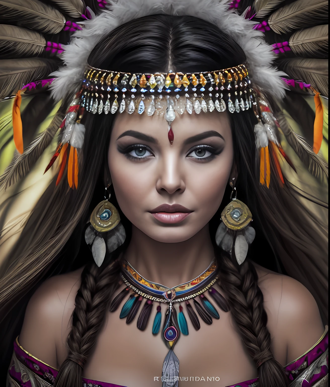 (full portrait), (half shot), solo, detailed background, detailed face, (stonepunkAI, stone theme:1.1), wise, (female), (native american), (beautiful hair, braids:0.2), shaman, septum piercing, mystical, (gorgeous face), stunning, head tilted upwards, (serene expression), calm, Seafoam Green frayed clothes, prayer beads, tribal jewelry, feathers in hair, headdress:0.33, jade, obsidian, detailed clothing, cleavage, realistic skin texture, (floating particles, water swirling, embers, ritual, whirlwind, wind:1.2), sharp focus, volumetric lighting, good highlights, good shading, subsurface scattering, intricate, highly detailed, ((cinematic)), dramatic, (highest quality, award winning, masterpiece:1.5), (photorealistic:1.5), (intricate symmetrical warpaint:0.5),