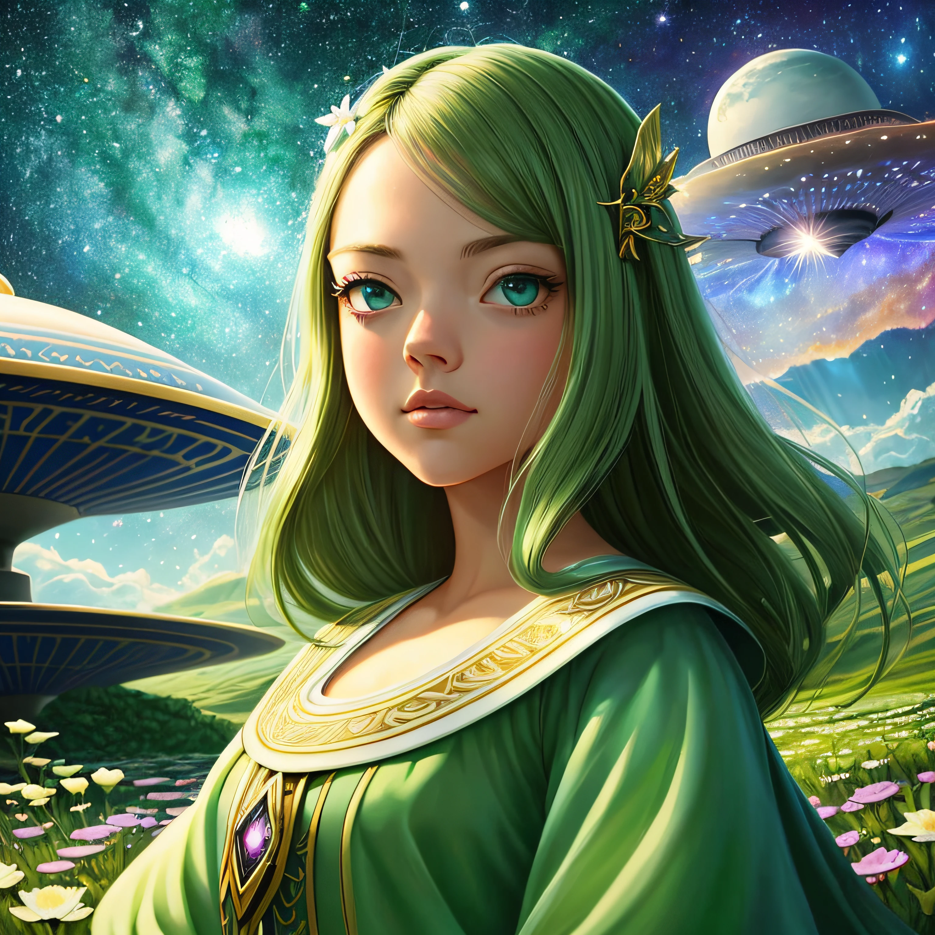 there's Amanda Seyfried who's standing in a field of flowers, (((flying saucer is visible in the sky))),(((galaxy is visible in the background))), (((cabelo curto))), (((traje: colegial))), (((amanda tem olhos verdes))), arte digital detalhada bonito, Beautiful digital illustration, painting digital adorable, pintura realista da bonito, retrato bonito da arte da fantasia, retrato bonito da fantasia, stunning digital illustration, a beautiful artwork illustration, Digital painting nice, lindo pintura digital, retrato da arte da fantasia, bela arte digital, Bela arte UHD 4K