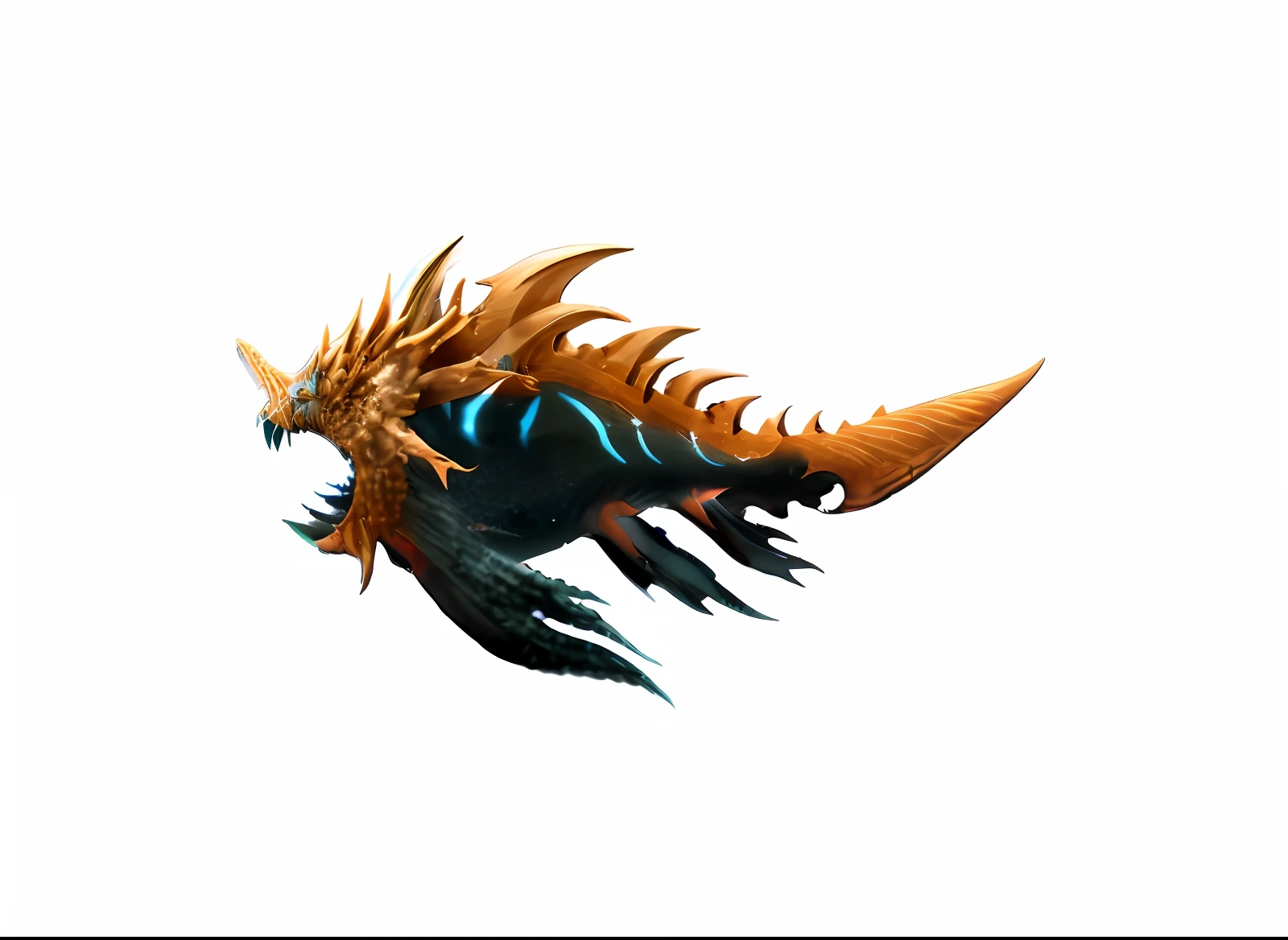 Close-up of fish with long tail and blue tail, zerg hydralisk, deep sea creatures, bioluminiscent creature, deep sea monster, aquatic creature, underwater sea monster, underwater leviathan, monster hunter monster, Marine life, infused with zerg hydralisk, sea monster looks like ship, serpentine water monster, spike shell