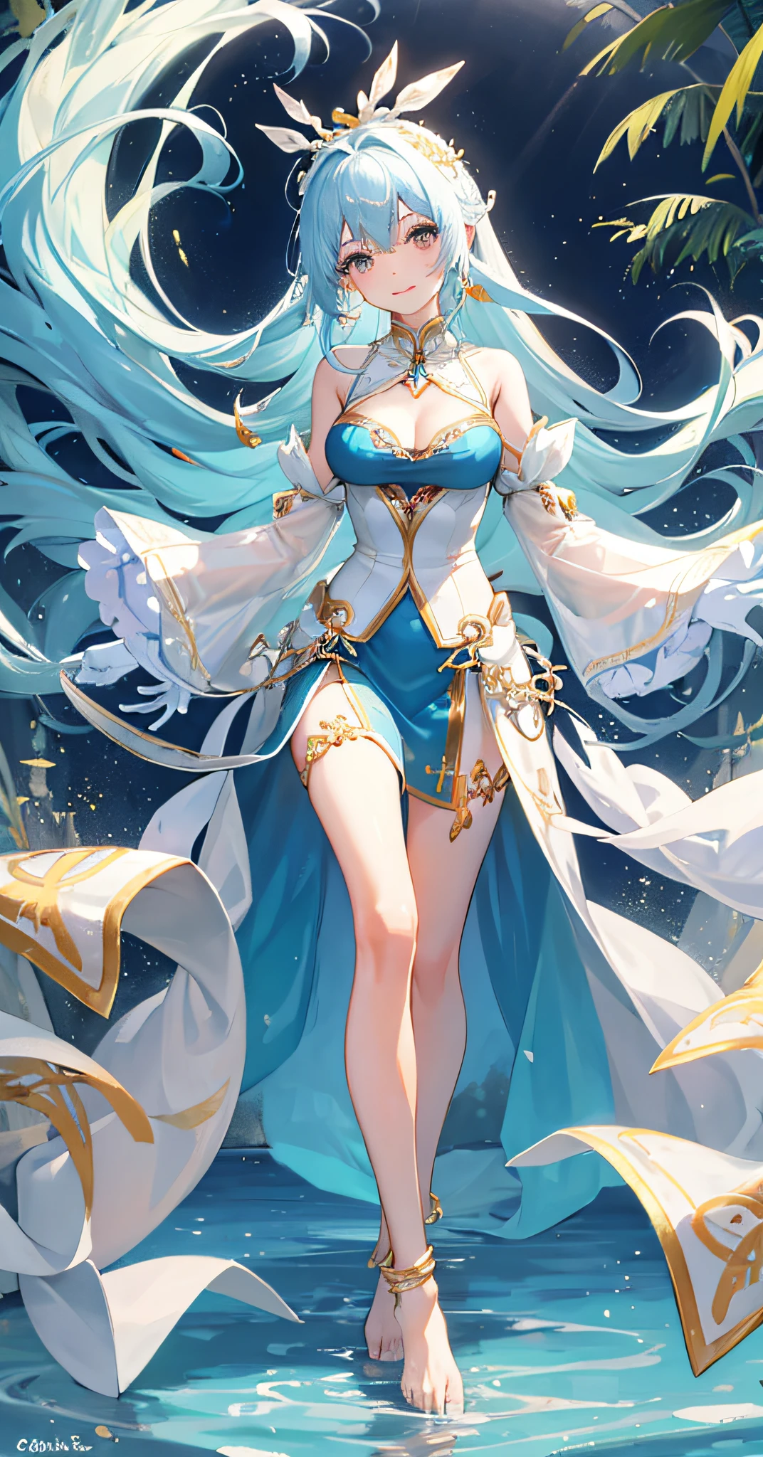 aquarelle, 1girll, The barefoot, long whitr hair,delicate leg,White gloves,ssmile,big breasts enchanting, 独奏, Anklets, hair adornments, jewely, Separate sleeves, lightblue hair.