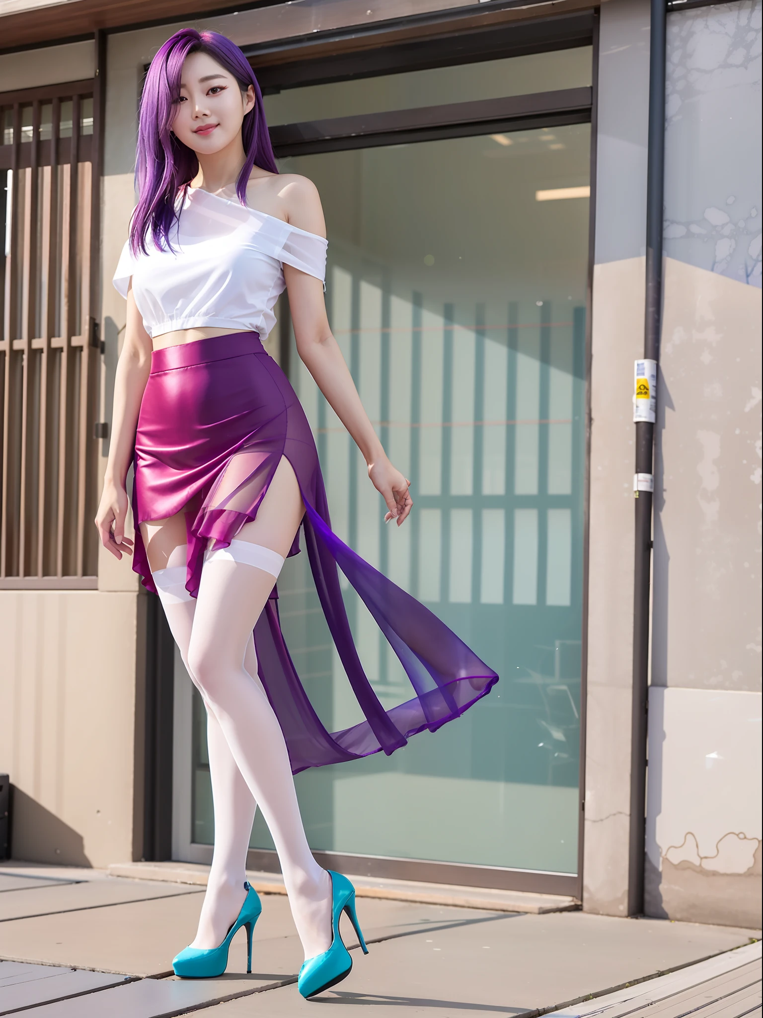 South Korean beauties，One meter eight，on a wall，standing on your feet，Purple hair，huge tit，whole body liquid，cropped shoulders，Translucent extra-short shirt，Translucent skirt，Superskirt，Blue slim stockings，slenderlegs，Straight legs，Comic leg，high-heels