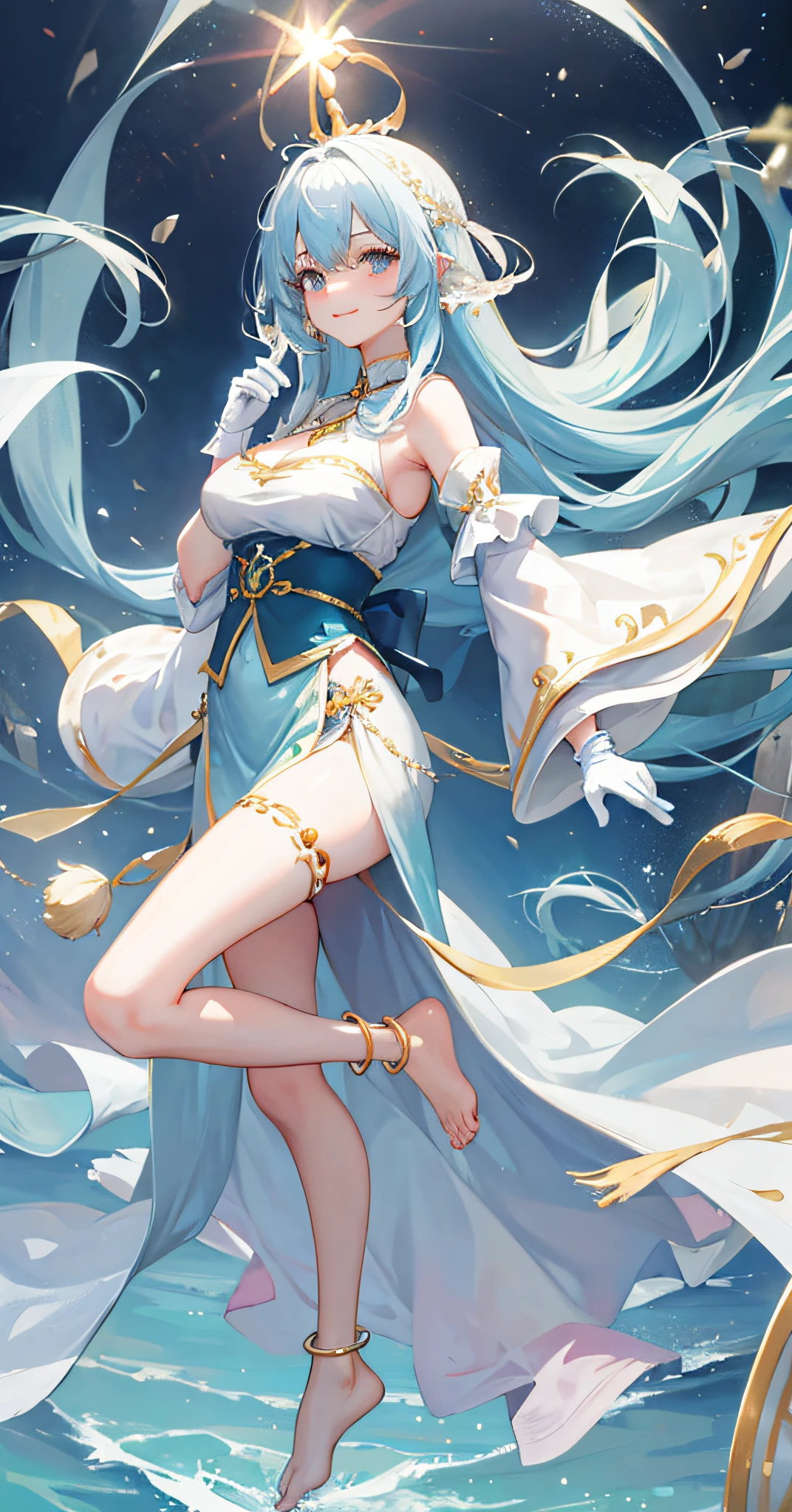 aquarelle， 1girll， The barefoot， long whitr hair，delicate leg，White gloves，ssmile，big breasts enchanting， 独奏， Anklets， hair adornments， jewely， Separate sleeves， lightblue hair.