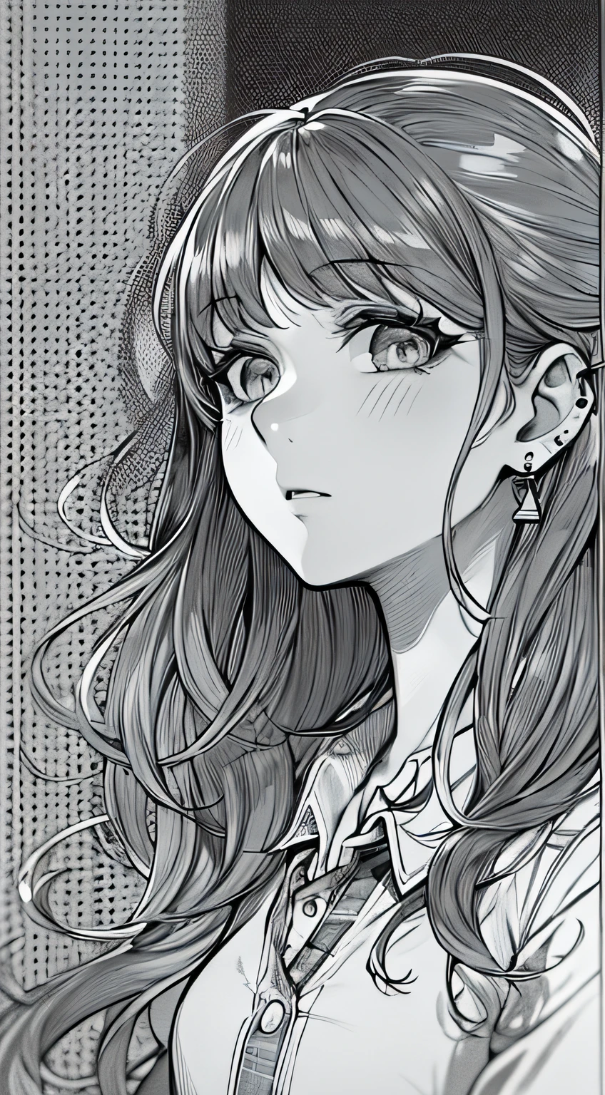(Masterpiece), (Best quality),1female, bangs, Bokeh, Closed_Mouth, collared_shirt,  Earrings, Grey_Eyes, shairband, jewelry, Long_Hair, Looking_at_peeping at the viewer, Smoke, Solo, wing_Collar,monochrome, linear art