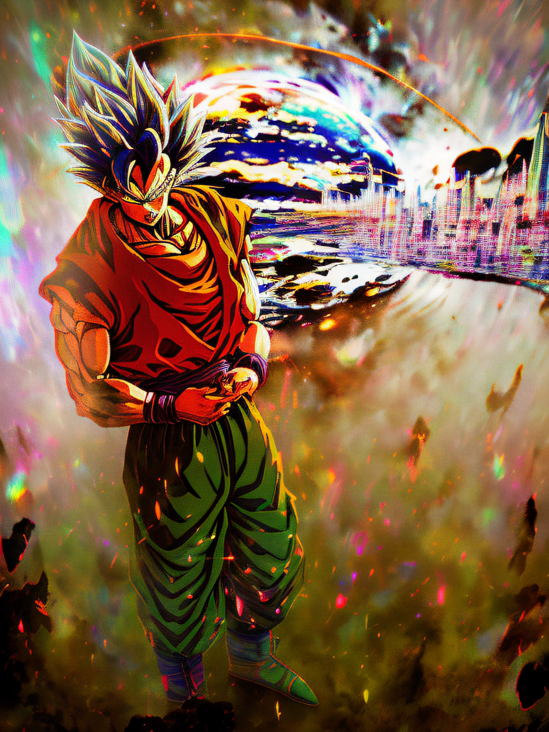 An award winning master piece photo of a super saiyan with psychedelic ki aura colors. standing planet namek at night with extremely detailed celestial bodys. 8k, (high quality:2), (cinematic feeling:1.5), dark deep shadows, incredibly intricate detailing, fine art , (up close:1.4), looking at viewer, (light sparkles:0.3), (chromatic aberration,:1.3) background with floating light artifacts