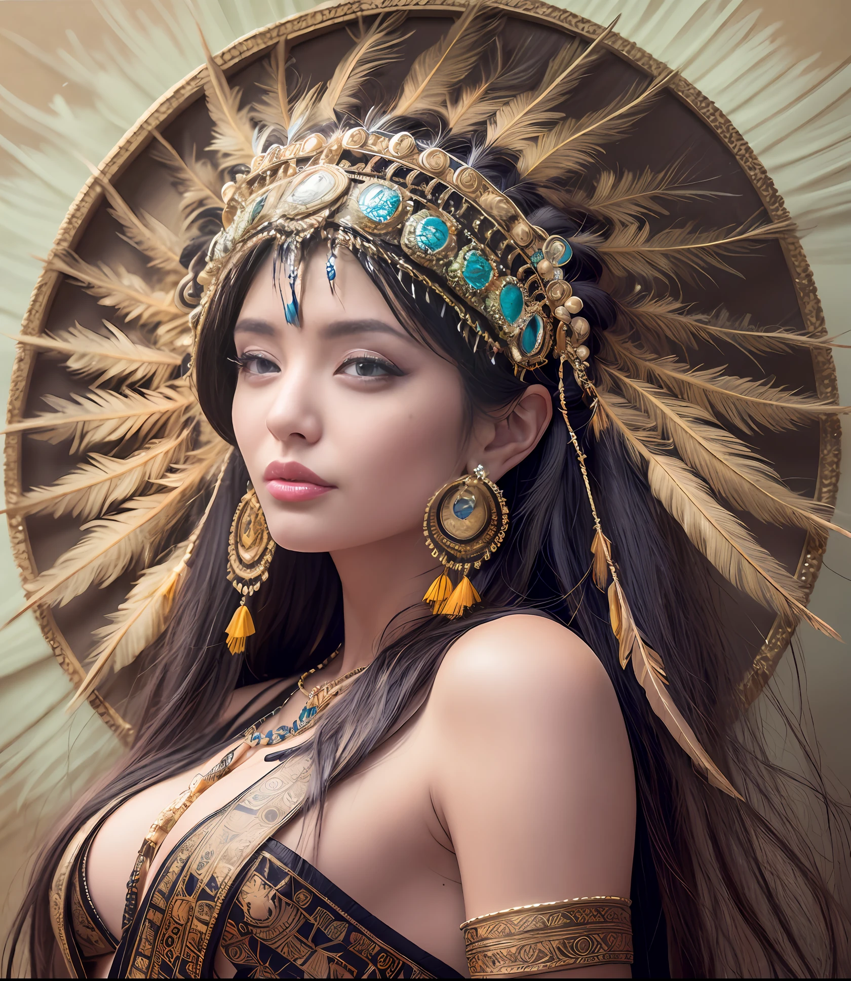 (full portrait), (half shot), solo, detailed background, detailed face, (stonepunkAI, stone theme:1.1), wise, (female), (native american), (beautiful hair, braids:0.2), shaman, septum piercing, mystical, (gorgeous face), stunning, head tilted upwards, (serene expression), calm, Seafoam Green frayed clothes, prayer beads, tribal jewelry, feathers in hair, headdress:0.33, jade, obsidian, detailed clothing, cleavage, realistic skin texture, (floating particles, water swirling, embers, ritual, whirlwind, wind:1.2), sharp focus, volumetric lighting, good highlights, good shading, subsurface scattering, intricate, highly detailed, ((cinematic)), dramatic, (highest quality, award winning, masterpiece:1.5), (photorealistic:1.5), (intricate symmetrical warpaint:0.5),