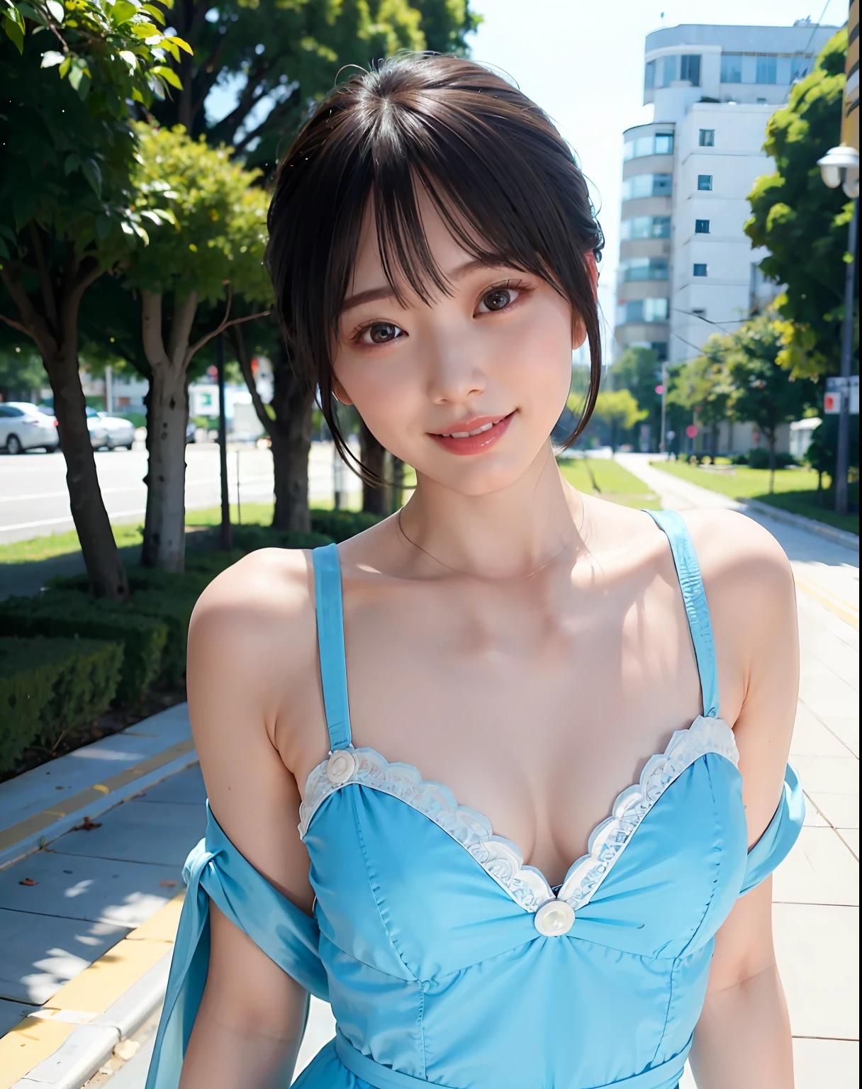 Dental Hygienist、top-quality、女の子 1 a person、large full breasts、tag、with light glowing、Blur background、bokeh dof、outside of house、(street:0.8)、(a person々、crowd:1)、(lace-trimmed)doress:1.5、Medical clothes、Cyan suit、Light Blue High Neck Dress:1.2、Blue Dress:1.5)、a gorgeous(short-hair、forehead:1.2)、Beautiful sky with details、耳Nipple Ring、(dynamicposes:1.2)、 (The upper part of the body:0.8)、Soft lighting、the wind、glowy skin、a smile、