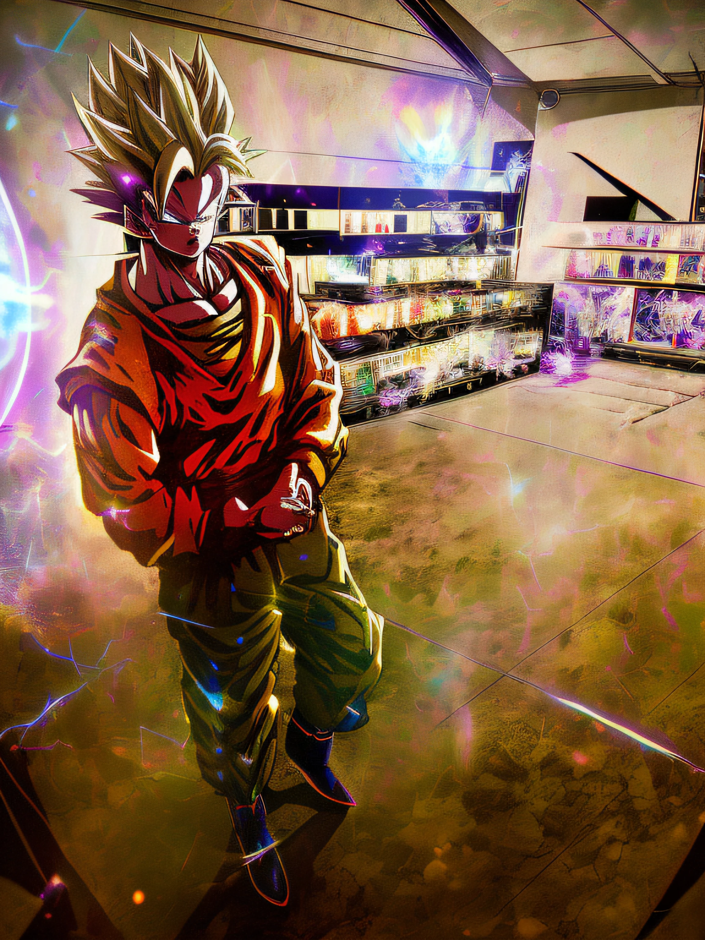 An award winning master piece photo of a super saiyan with psychedelic ki aura colors. standing planet namek at night with extremely detailed celestial bodys. 8k, (high quality:2), (cinematic feeling:1.5), dark deep shadows, incredibly intricate detailing, fine art , (up close:1.4), looking at viewer, (light sparkles:0.3), (chromatic aberration,:1.3) background with floating light artifacts