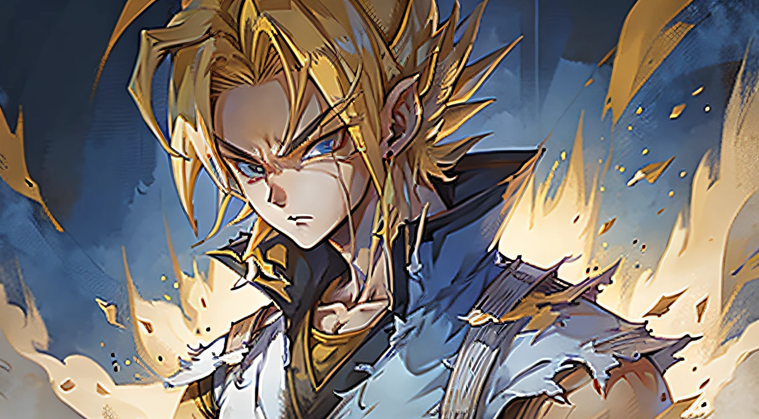 gohan, 1boy, battle damage, muscular,  blue eyes, yellow hair, solo, super saiyan, torn clothes,  looking straight, very detailed, hd, masterpiece, 8k, professional,  symmetrical, (looking at the camera:0.8)  in the style of akira toriyama, dragon ball z --auto