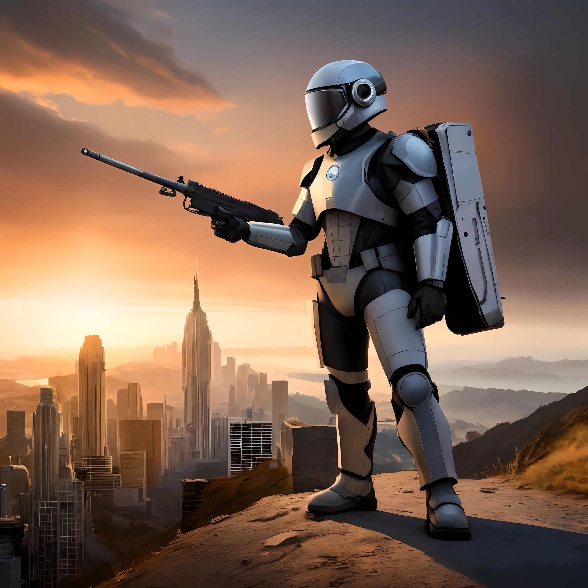 Arafed Trooper com uma arma em uma montanha com vista para uma cidade, Soldado espacial em Marte com uma arma, inspirado em Scott Listfield, soldado futurista, sci-fi soldier, Directed by: Scott Listfield, inspirado em Ralph McQuarrie, clothed in sci-fi military armor, in front of a sci fi cityscape
