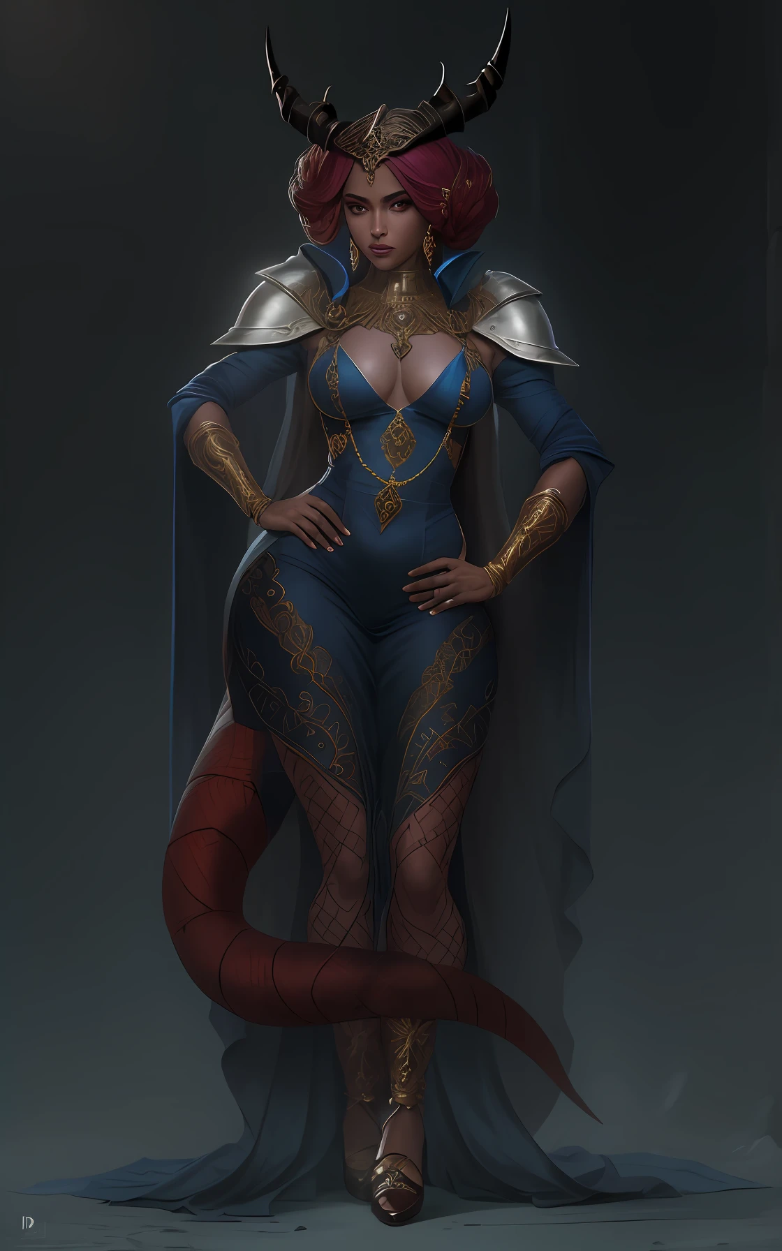 um desenho de uma mulher em uma roupa com chifres com chifres, d & d estilo retrato de corpo inteiro, full length illustration, conceito de corpo inteiro, mulher do diabo de corpo inteiro, conceito detalhado de corpo inteiro, Retrato de corpo inteiro do personagem, Rainha escura das cobras, imagem de corpo inteiro, bela arte conceitual de corpo inteiro, personagem de fantasia complexa, retrato de personagem de corpo inteiro