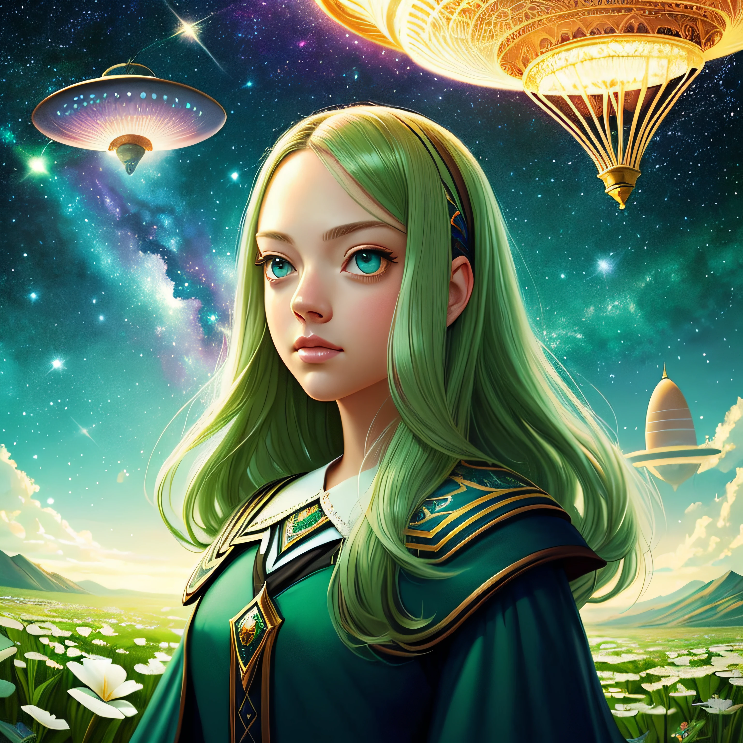 there's Amanda Seyfried who's standing in a field of flowers, (((flying saucer is visible in the sky))),(((galaxy is visible in the background))), (((cabelo curto))), (((traje: colegial))), (((olhos verdes))), arte digital detalhada bonito, Beautiful digital illustration, painting digital adorable, pintura realista da menina bonito, retrato bonito da arte da fantasia, retrato bonito da fantasia, stunning digital illustration, a beautiful artwork illustration, Digital painting nice, lindo pintura digital, retrato da arte da fantasia, bela arte digital, Bela arte UHD 4K